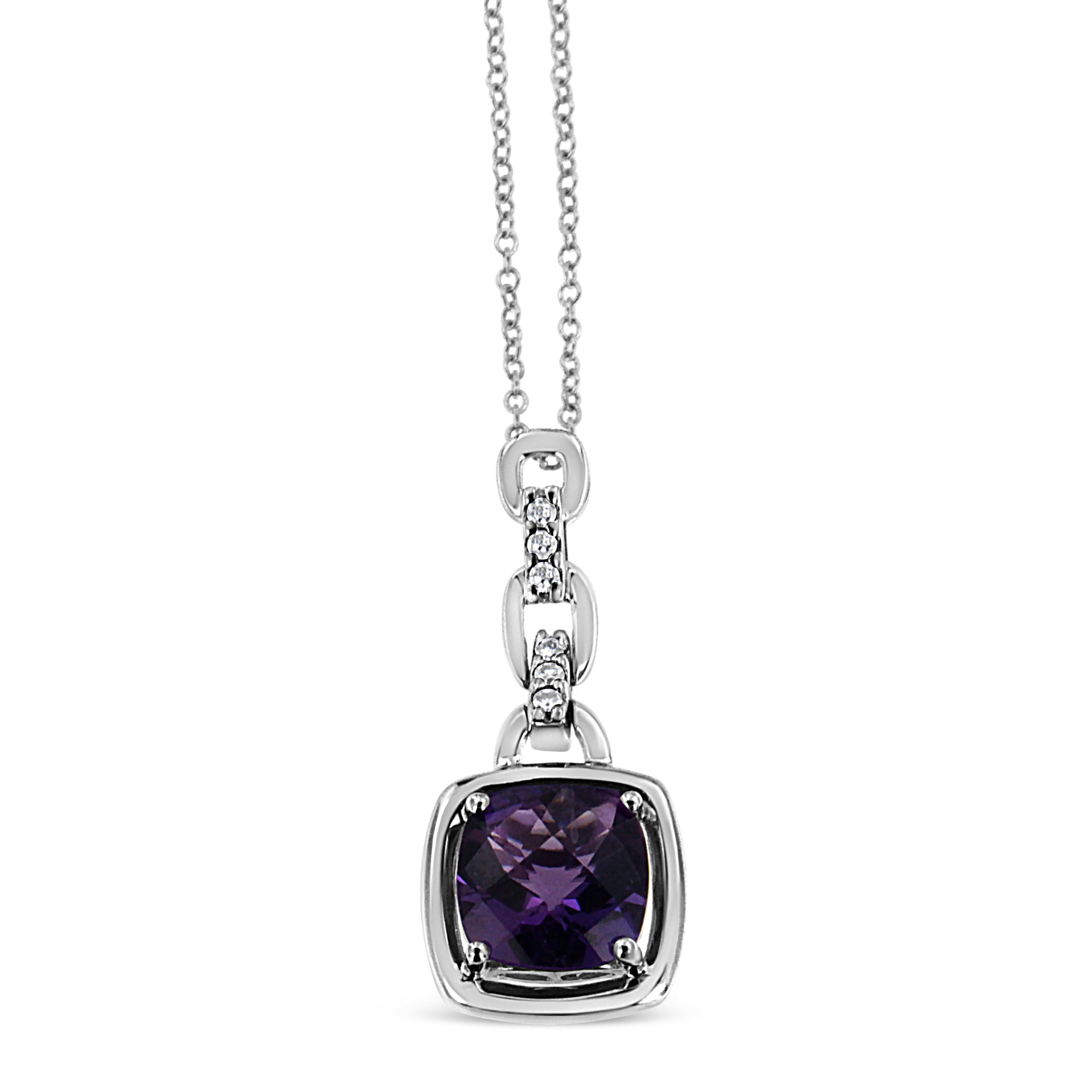 .925 Sterling Silver 6x6MM Cushion Shaped Natural Purple Amethyst and Diamond Accented Bale 18' Inch Pendant Necklace (I-J Color, I1-I2 Clarity)