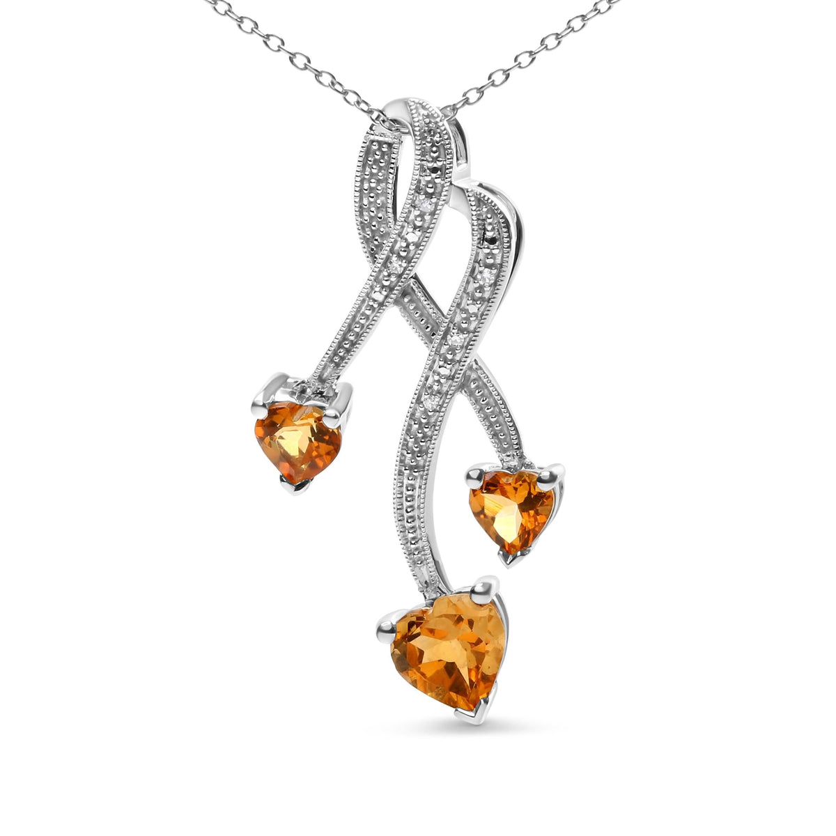 .925 Sterling Silver 3-Stone Heart Shape Citrine and Diamond Accent Spiral Drop 18' Pendant Necklace (H-I Color, SI1-SI2 Clarity)