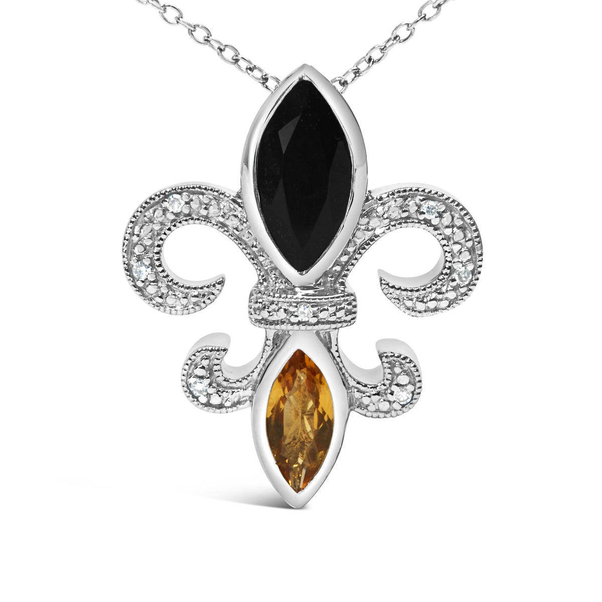 .925 Sterling Silver Marquise Onyx and Citrine and Diamond Accent Fleur De Lis Pendant Necklace (H-I Color, SI1-SI2 Clarity) - 18'