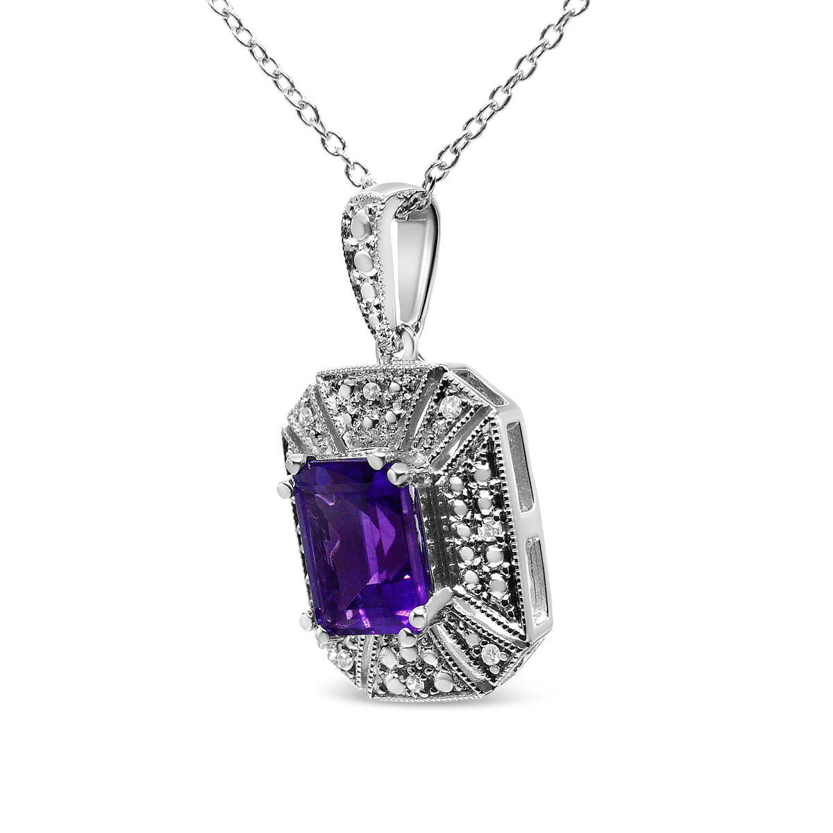 .925 Sterling Silver Purple Amethyst and Diamond Accent Art Deco Style 18' Pendant Necklace (I-J Color, I1-I2 Clarity)