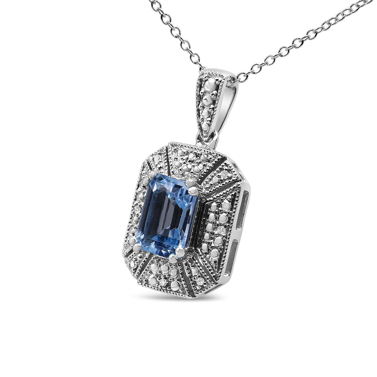 .925 Sterling Silver Blue Topaz and Diamond Accent Art Deco Style 18' Pendant Necklace (I-J Color, I1-I2 Clarity)