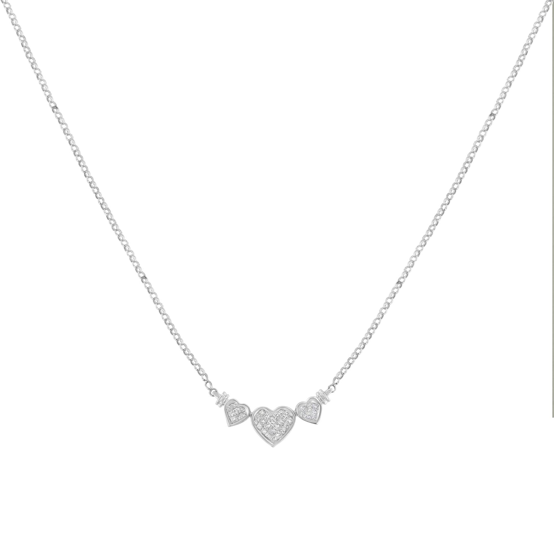 14K White Gold 1.0 Cttw Princess Cut Diamond Three Heart 18' Statement Pendant Necklace (H-I Color, SI2-I1 Clarity)