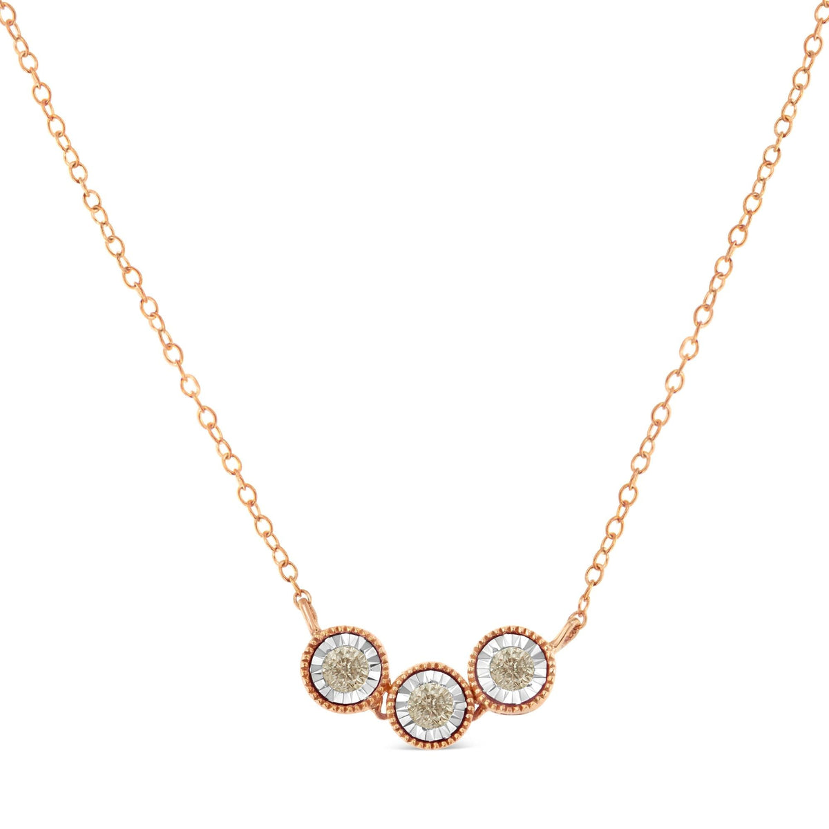10K Rose and White Gold Plated .925 Sterling Silver 1/4 Cttw Miracle-Set Champagne Diamond Triple Circle 18' Necklace (I2-I3 Clarity)