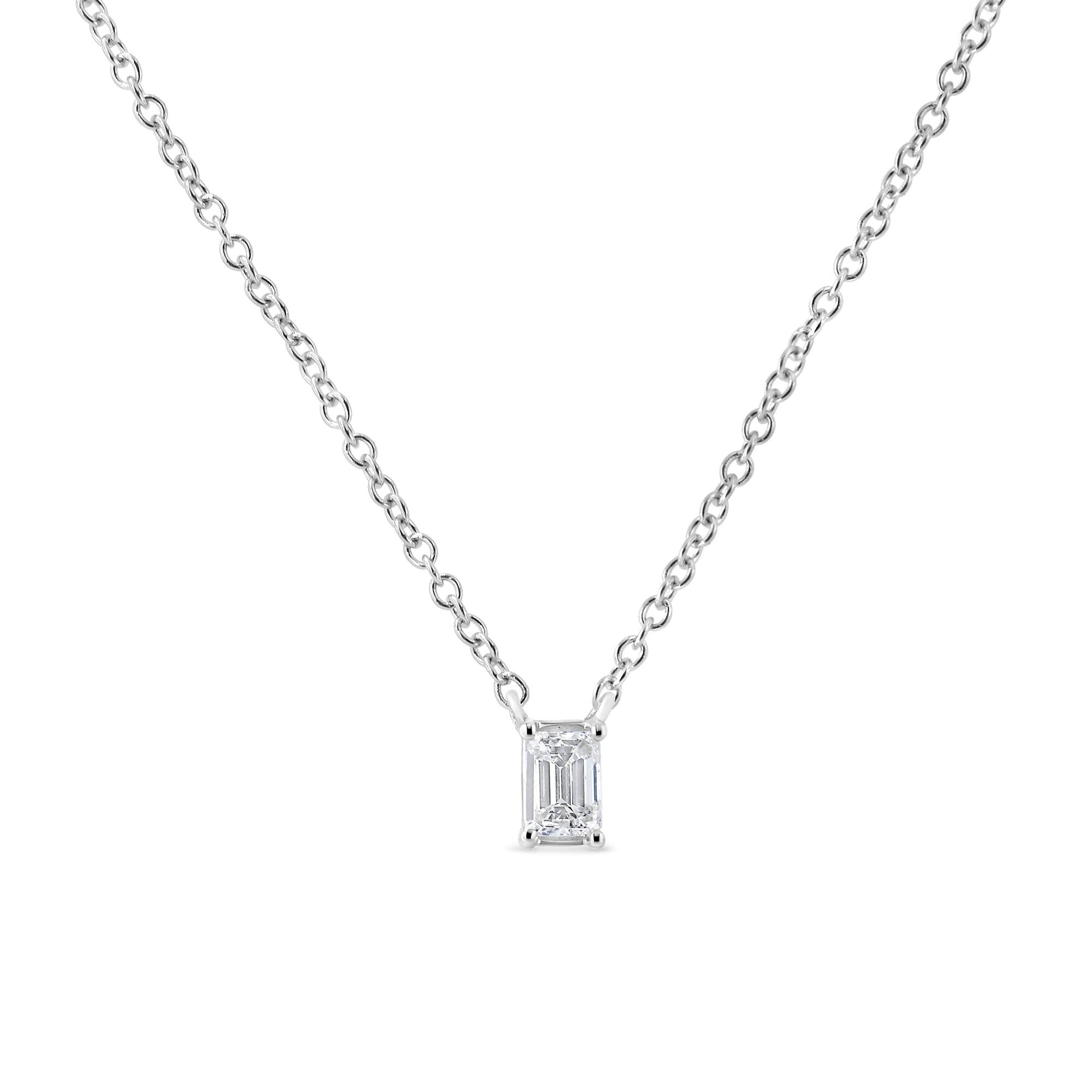 14K White Gold 1/3 Cttw Emerald Shape Solitaire Diamond 18' Pendant Necklace (G-H Color, VS2-SI1 Clarity)