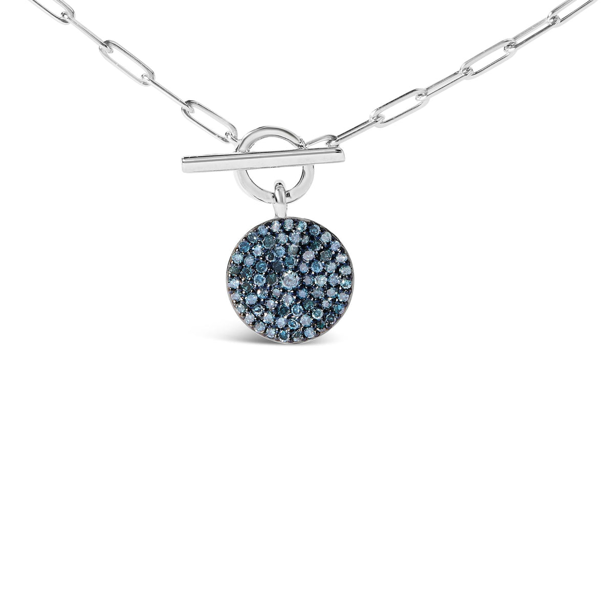 .925 Sterling Silver 3/8 Cttw Blue Diamond Medallion with Toggle Bale Paperclip Chain Pendant Necklace (Blue Color, SI1-SI2 Clarity) - 18' Inches