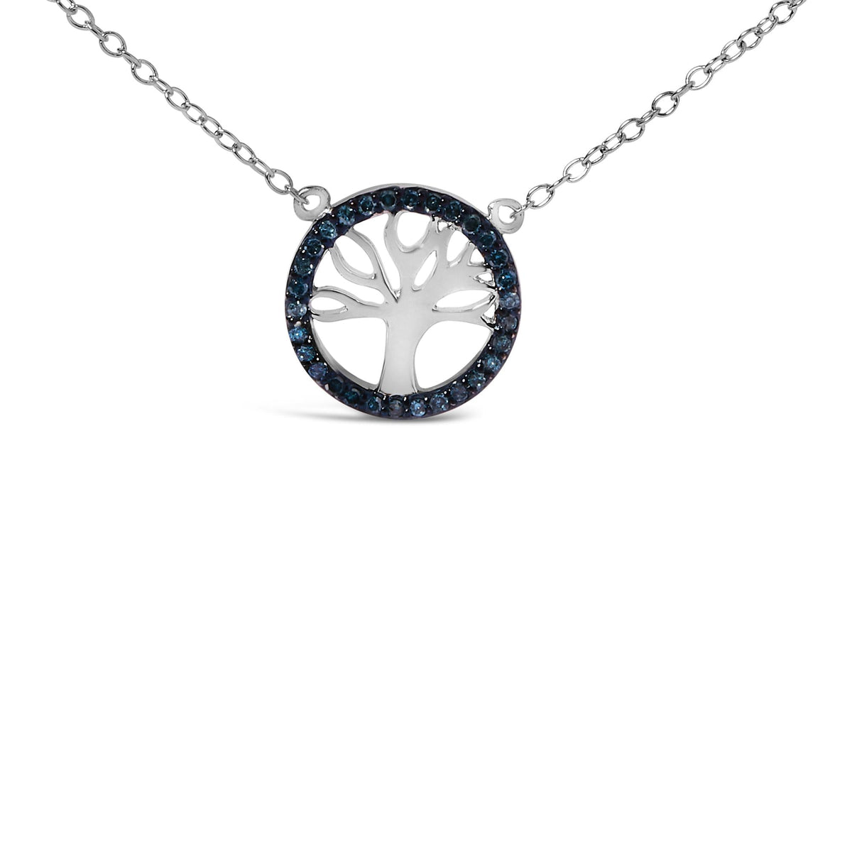 .925 Sterling Silver 1/6 Cttw Blue Diamond Tree of Life and Circle 18' Pendant Necklace (Blue Color, SI1-SI2 Clarity)