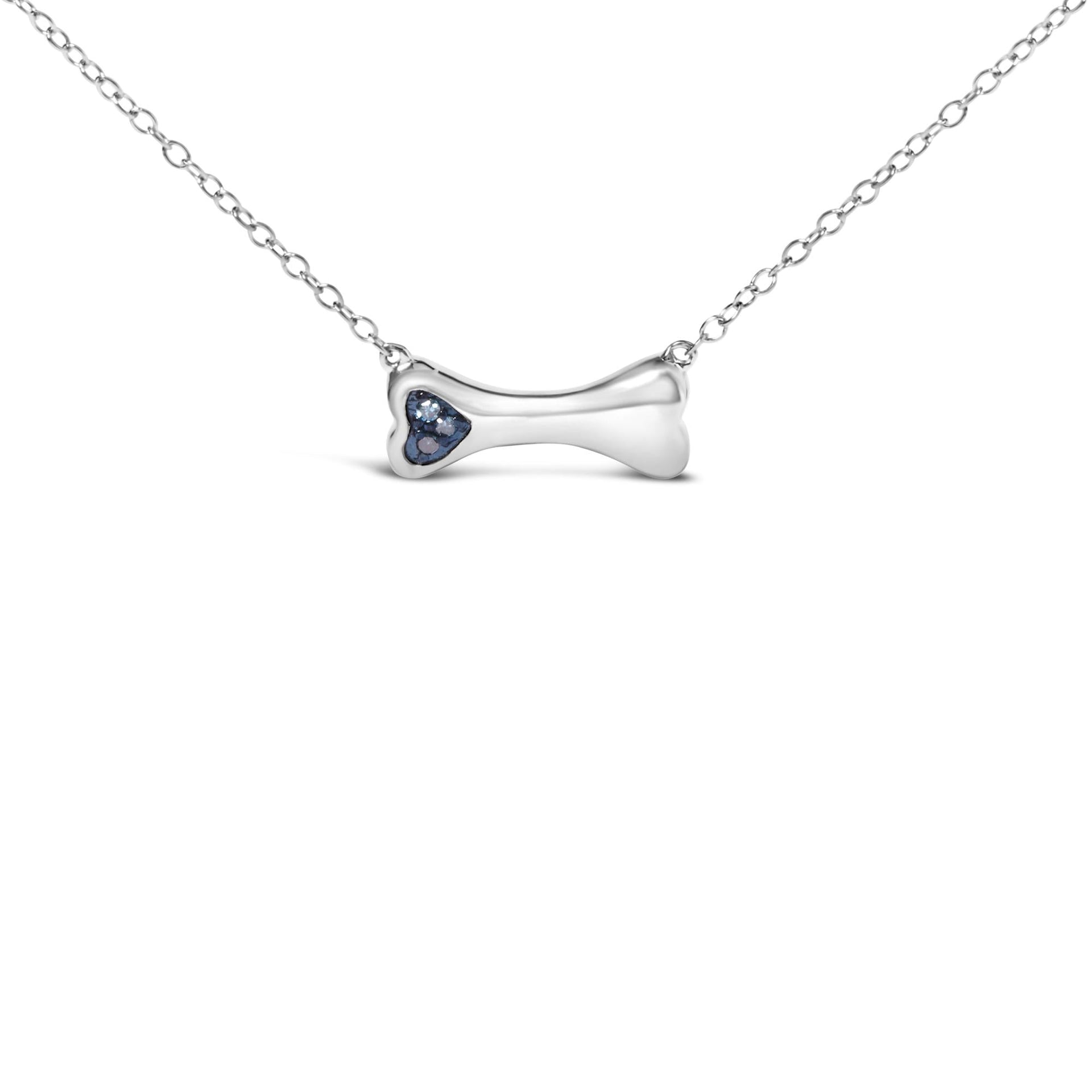 925 Sterling Silver Treated Blue Diamond Accent Dog Bone Charm 18' Pendant Necklace (Blue Color, I2-I3 Clarity)