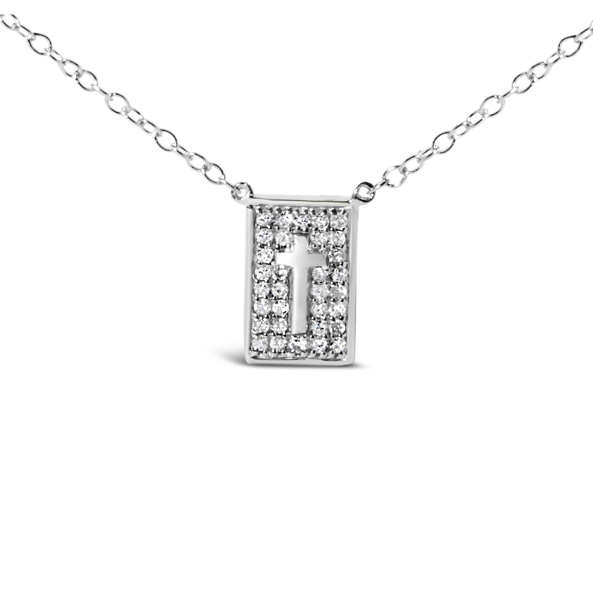 .925 Sterling Silver 1/10 Ctw Diamond Inlaid Cross Dog Tag Pendant Necklace (H-I Color, I1-I2 Clarity) - 18'