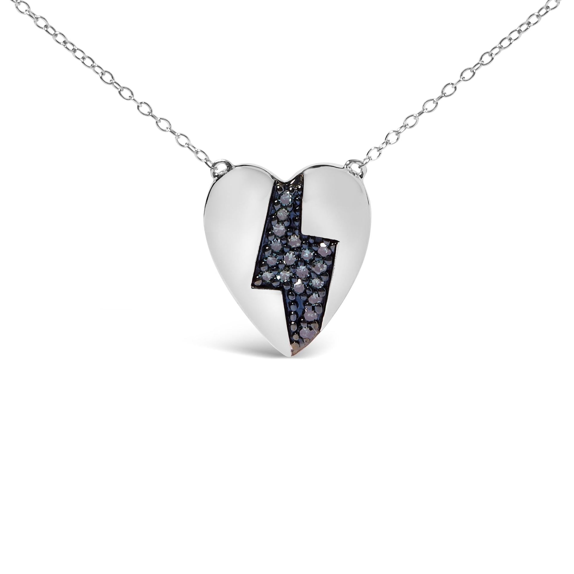 925 Sterling Silver 1/3 Ctw Blue Diamond Heart and Lightning Bolt Pendant Necklace (Blue Color, SI1-SI2 Clarity) -  18' Inches