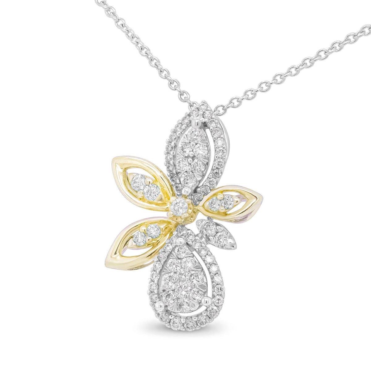 14K White and Yellow Gold 5/8 Cttw Round Diamond Marquise Floral Style 18' Pendant Necklace (H-I Color, I1-I2 Clarity)