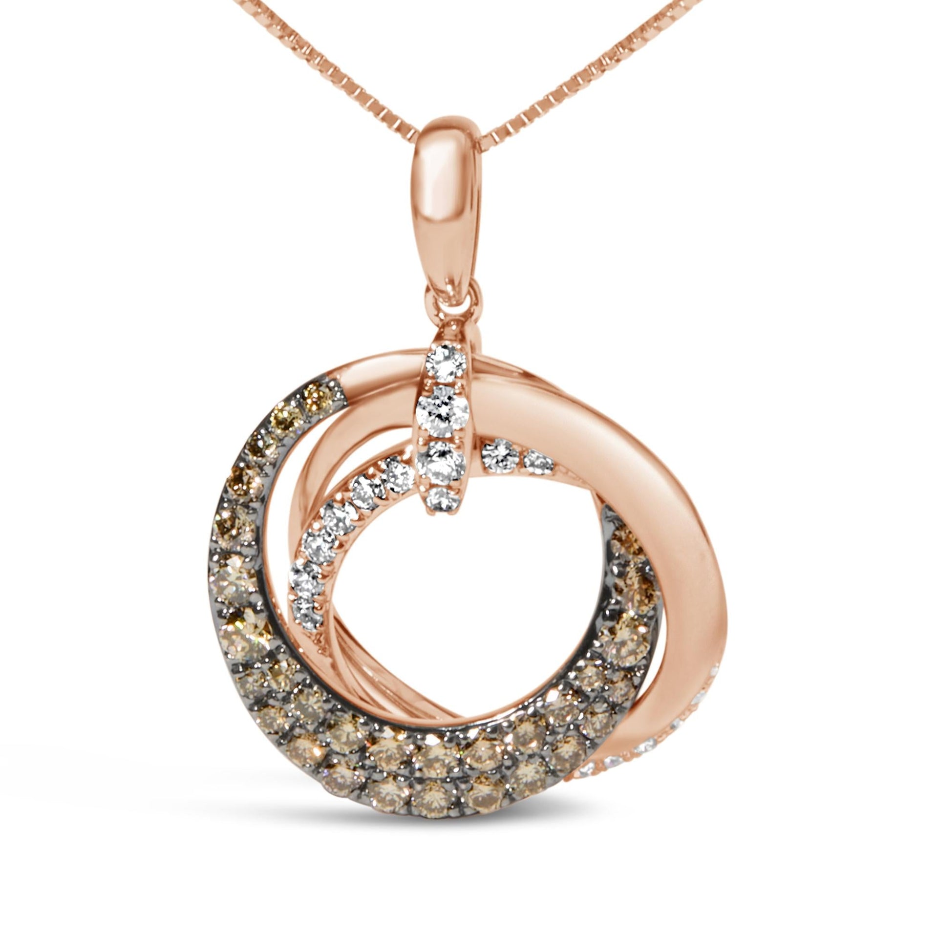 14K Rose Gold 3/4 Cttw Brown and White Diamond Interlocking Circle Hoop 18' Inch Pendant Necklace (G-H Color, SI2-I1 Clarity)