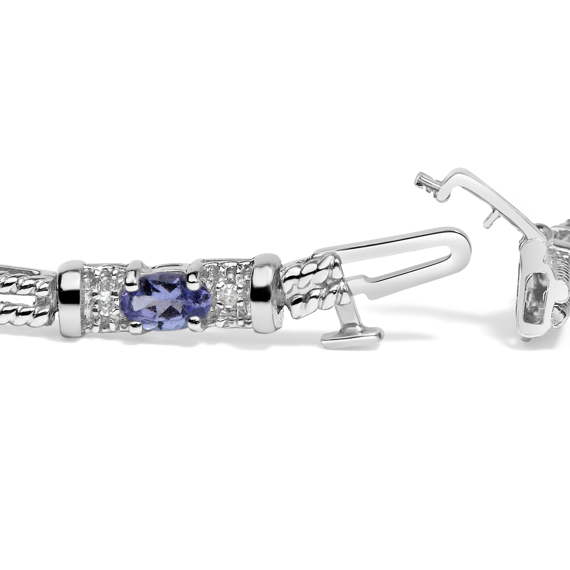 14K White Gold Blue Purple Tanzanite and Diamond Accent Cord Style Link Bracelet (H-I Color, SI1-SI2 Clarity) - 7' Inches