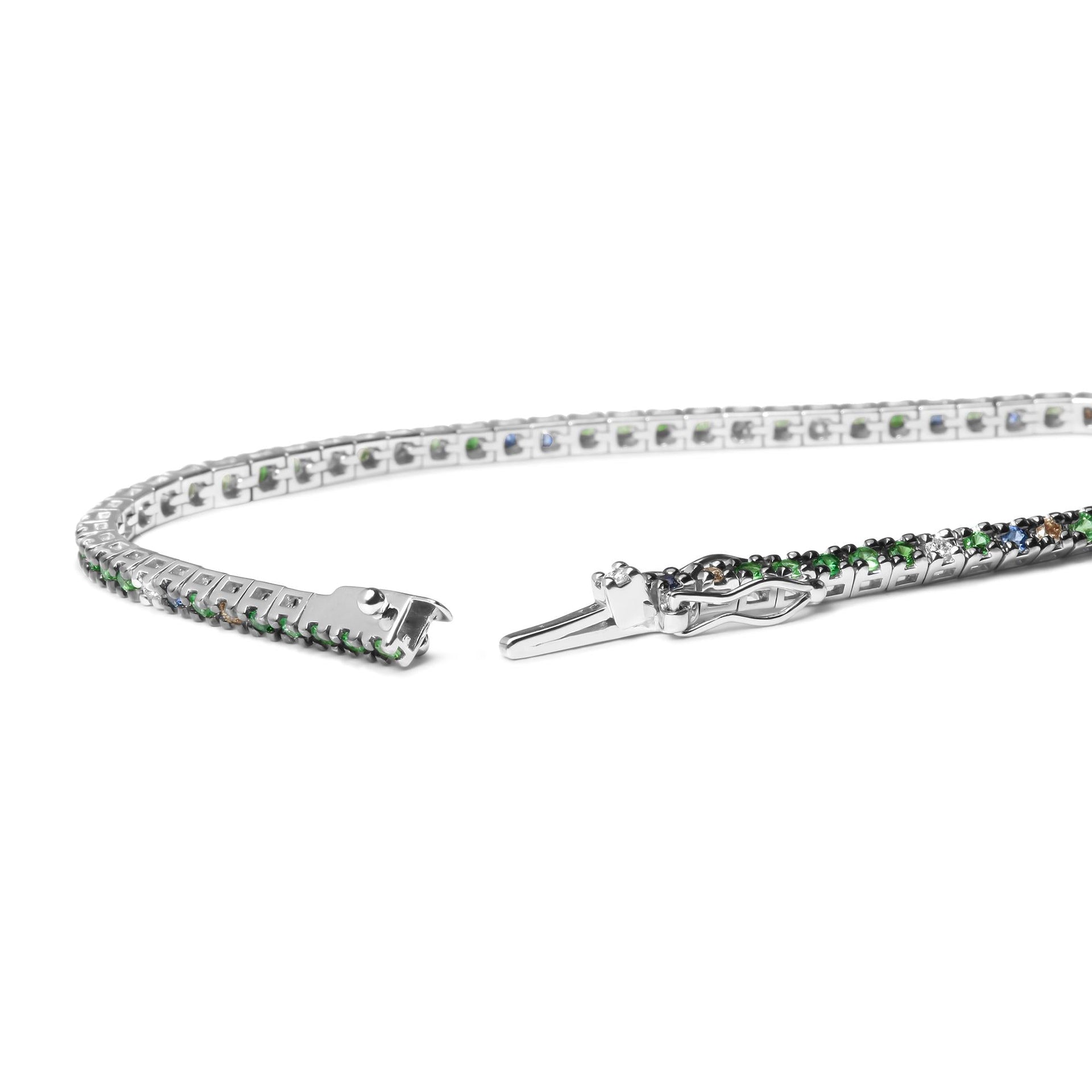 18K White Gold 3/8 Cttw Diamond with Blue Sapphire and Green Tsavorite Gemstone Multi-Colored Tennis Bracelet (Brown and G-H Color, SI1-SI2 Clarity) - Size 7'