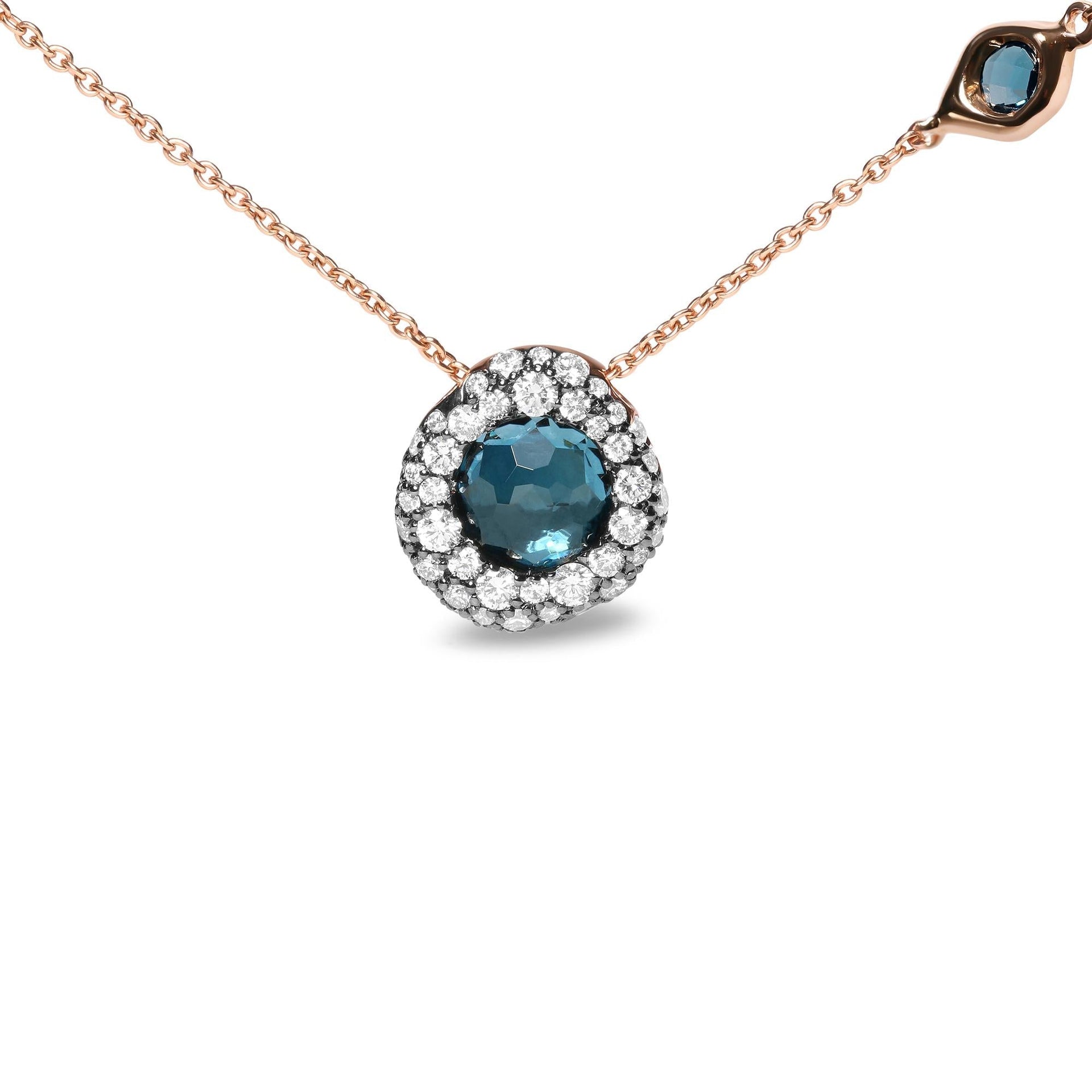 18K Rose Gold 5/8 Cttw Diamond and London Blue Topaz Gemstone Bezel-Set Cluster 18' Station Necklace (G-H Color, SI1-SI2 Clarity) - Adjustable up to 16' - 18'