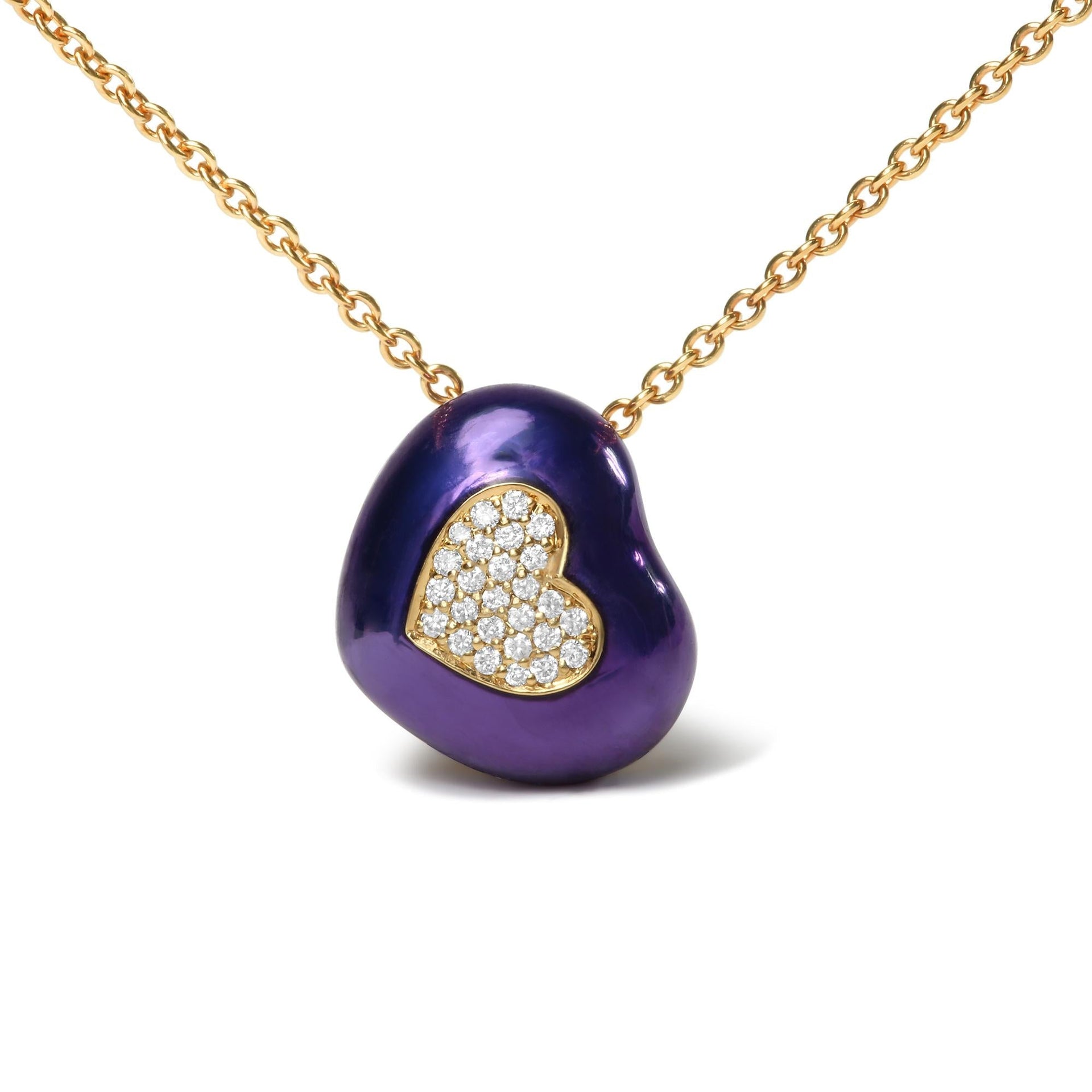 18K Yellow Gold Blue Enamel 1/10 Cttw Round Pave Diamonds Heart Shape 18' Pendant Necklace  (G-H Color, SI1-SI2 Clarity) - Adjustable up to 16' - 18'
