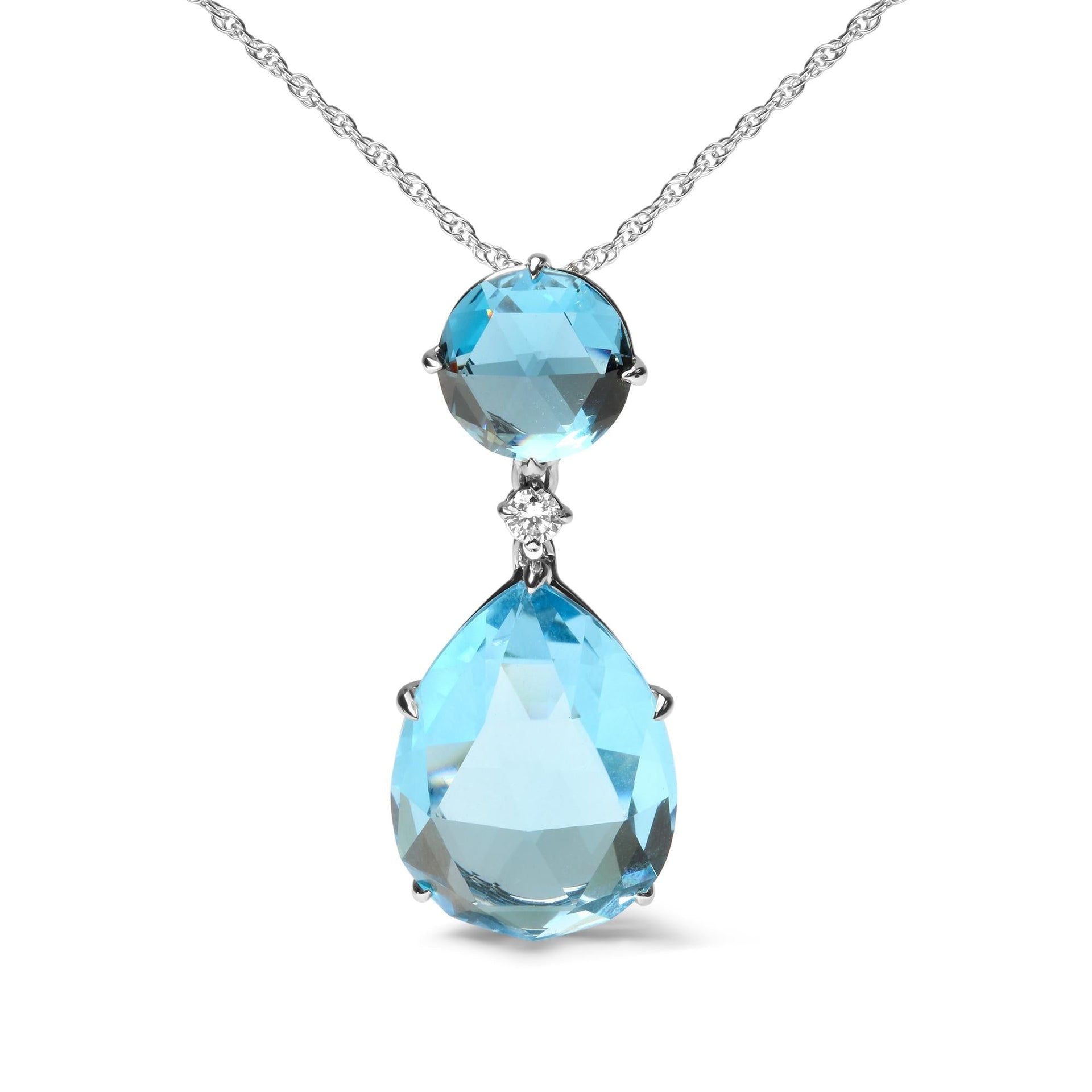 18K White Gold Diamond Accent and Round London Blue Topaz and Pear Cut Sky Blue Topaz Dangle Drop 18' Pendant Necklace (G-H Color, SI1-SI2 Clarity)