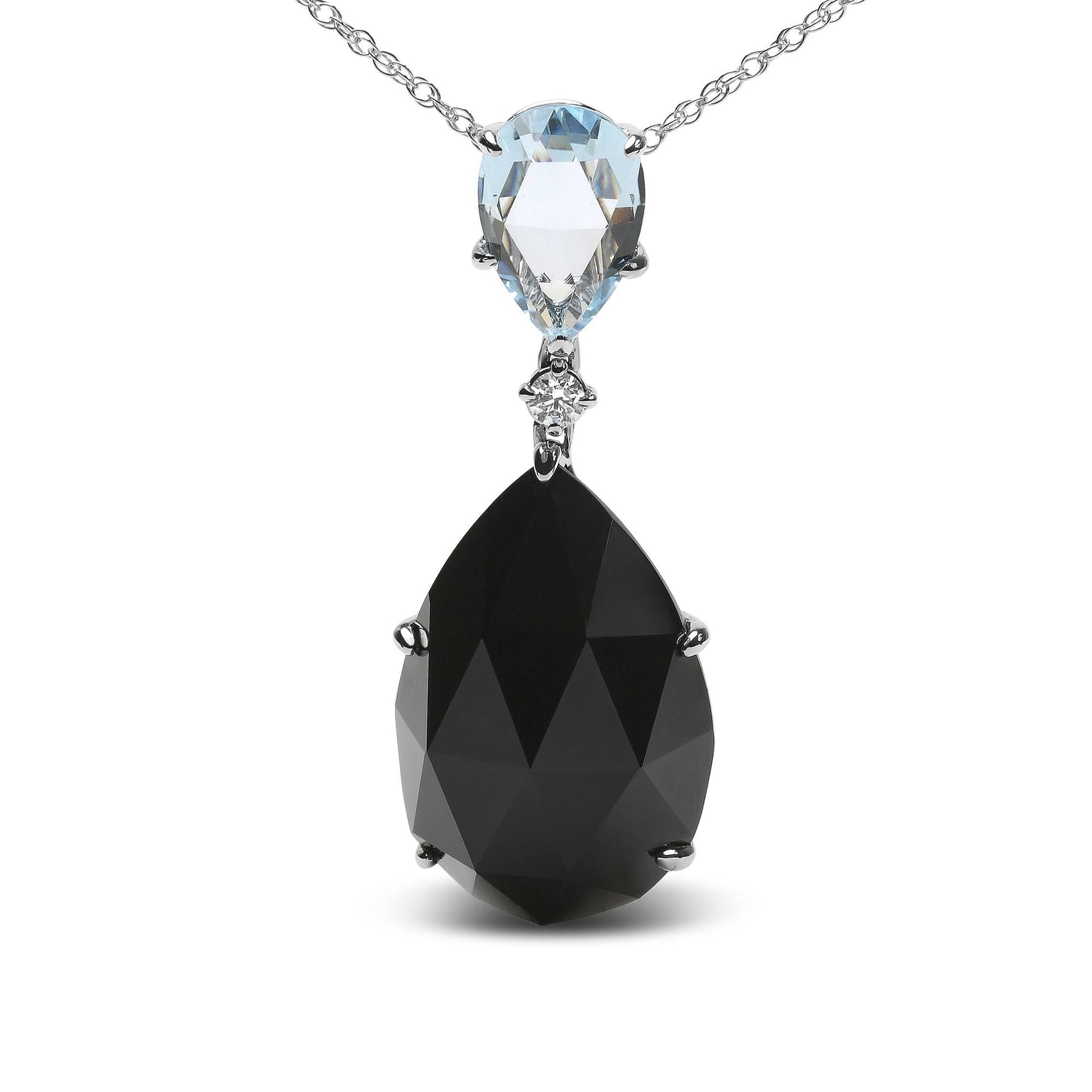 18K White Gold Diamond Accent and Pear Cut Sky Blue Topaz and Pear Cut Black Onyx Dangle Drop 18' Pendant Necklace (G-H Color, SI1-SI2 Clarity)