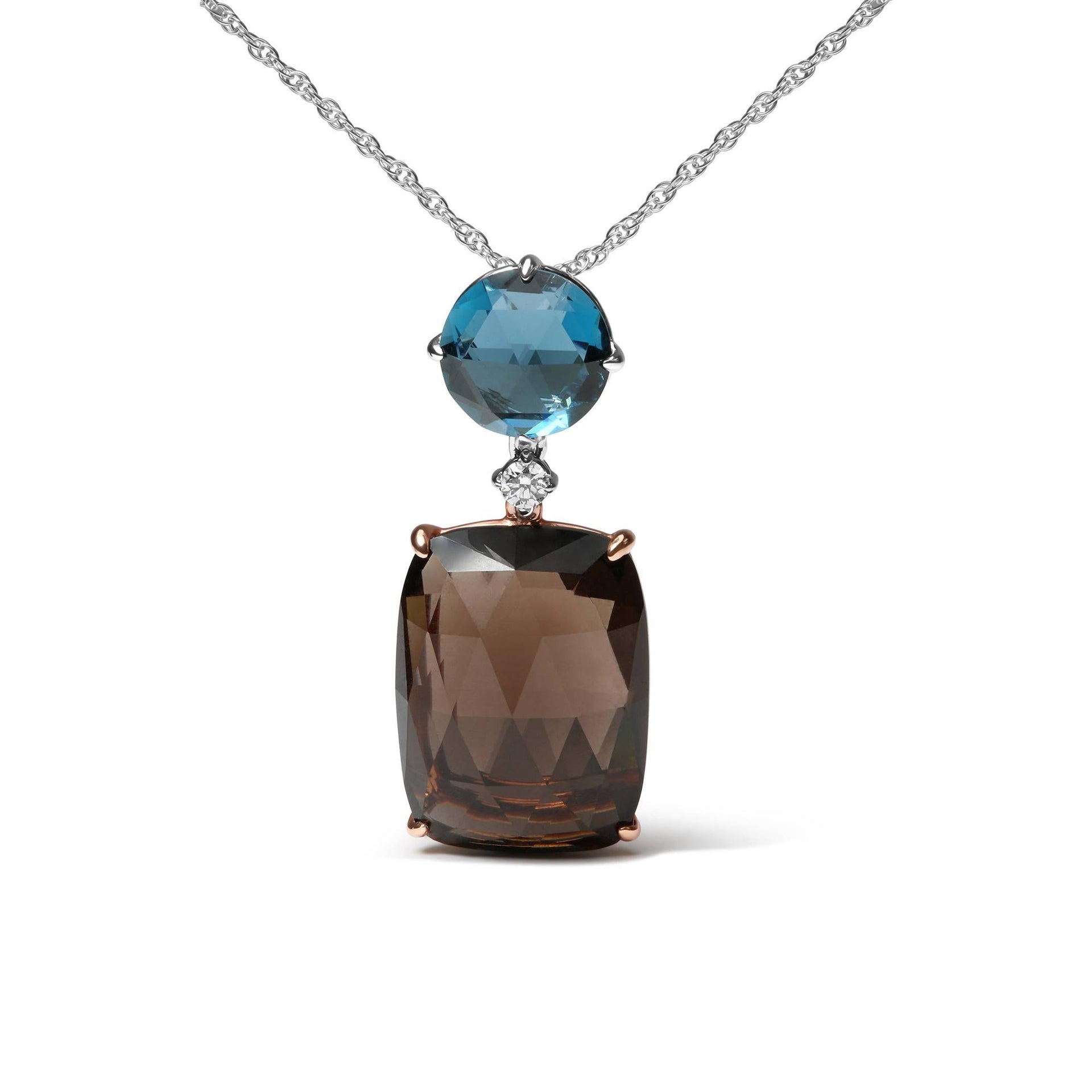 18K Rose and White Gold Diamond Accent and London Blue Topaz and Cushion Cut Smoky Quartz Gemstone Dangle Drop 18' Pendant Necklace (G-H Color, SI1-SI2 Clarity)