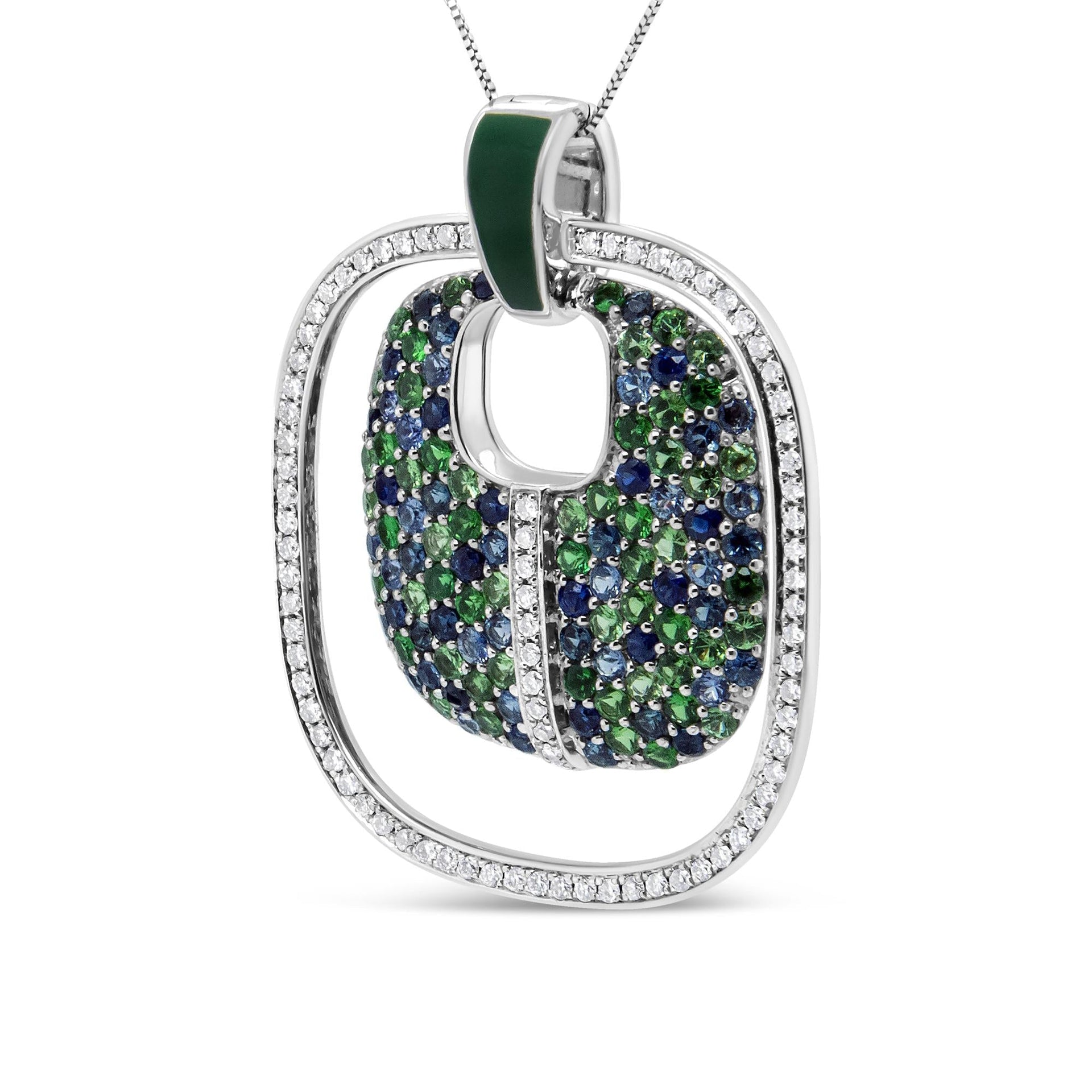 .925 Sterling Silver Green Enamel Pendant with 1/2 Cttw Diamond, Sapphire, and Tsavorite Openwork Statement 18' Pendant Necklace (F-G Color, VS1-VS2 Clarity)