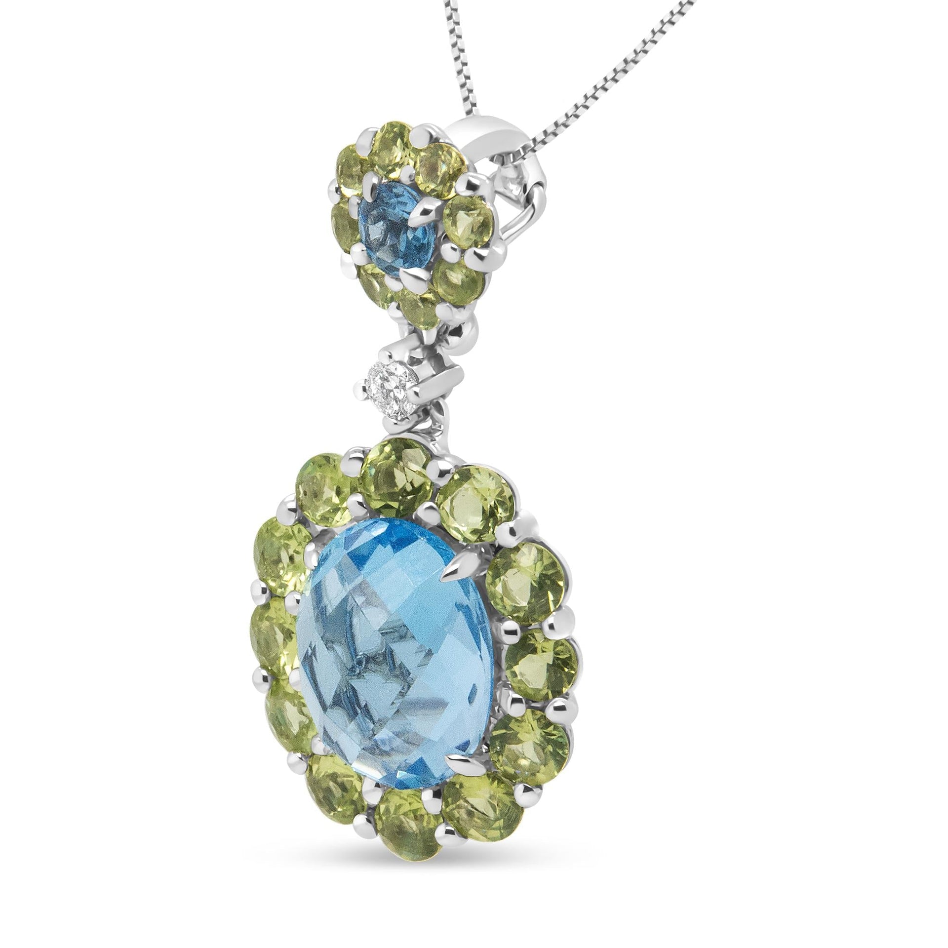 18k White Gold 0.05 Cttw Round Diamond and Blue Topaz and Green Peridot Gemstone Halo Drop 18' Pendant Necklace (F-G Color, VS1-VS2 Clarity)