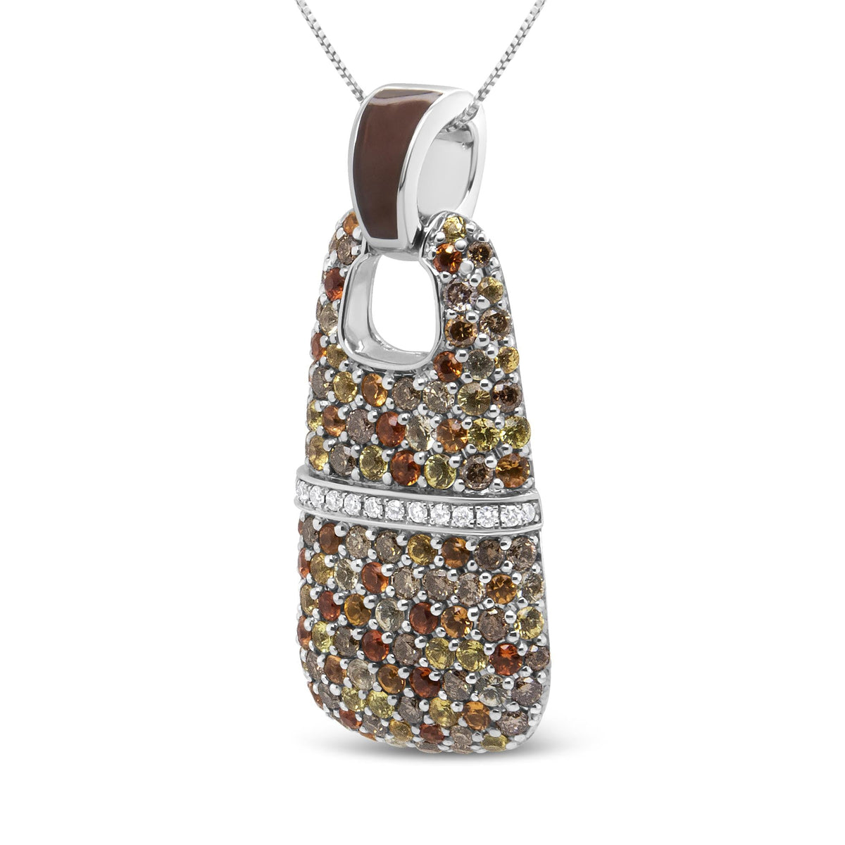 .925 Sterling Silver Brown Enamel 1 Cttw White and Brown Diamonds and  1.5mm Yellow and Orange Sapphire Gemstones Statement 18' Pendant Necklace (Brown and F-G Color, VS1-VS2 Clarity)