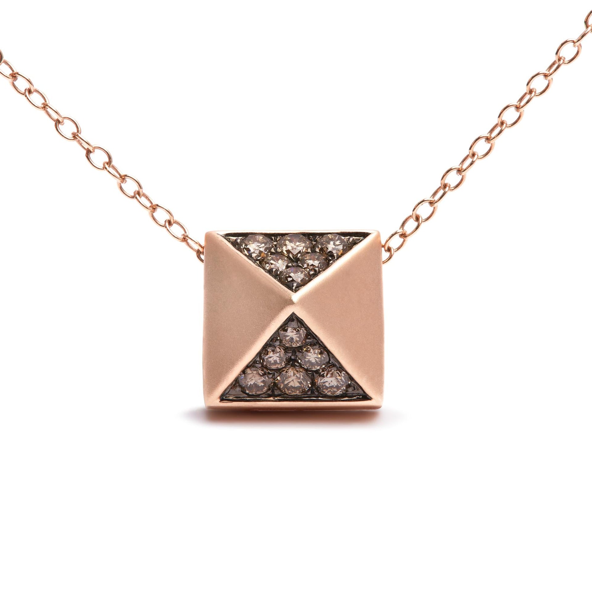 14K Rose Gold 1/4 Cttw Brown Diamond Matte Finished Pyramid Pendant Necklace (Brown Color, SI1-SI2 Clarity) - 18' Inches
