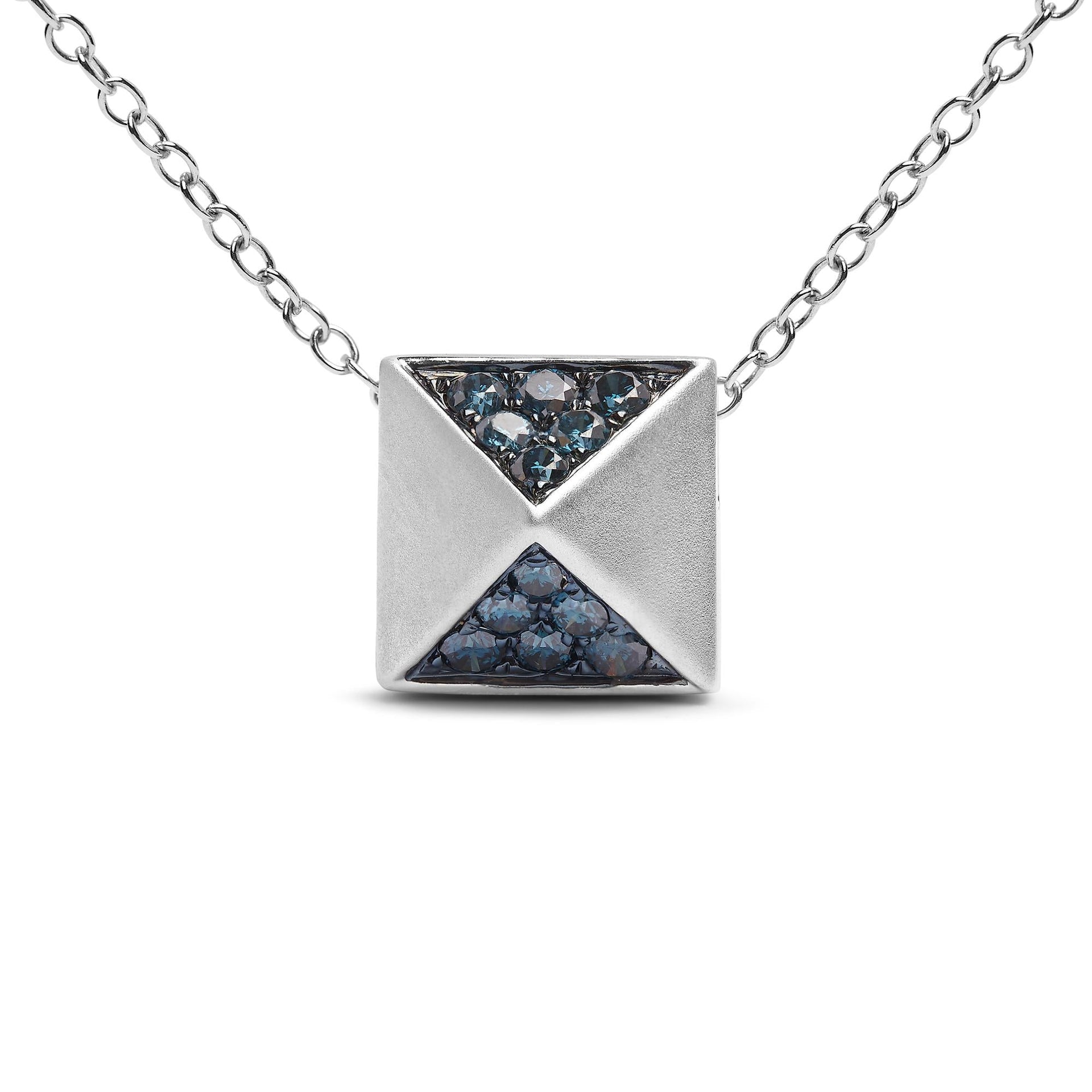 14K White Gold 1/4 Cttw Treated Blue Diamond Matte Finished Pyramid Pendant Necklace (Blue Color, SI1-SI2 Clarity) - 18' Inches