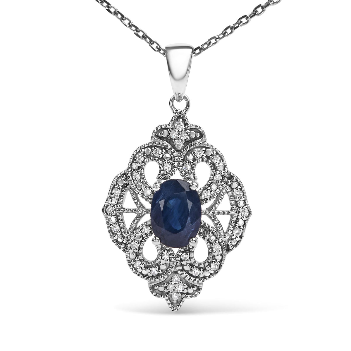 .925 Sterling Silver 7x5 MM Oval Blue Sapphire and Diamond Accent Art Deco Style Shield Shaped 18' Pendant Necklace (I-J Color, I3 Clarity)