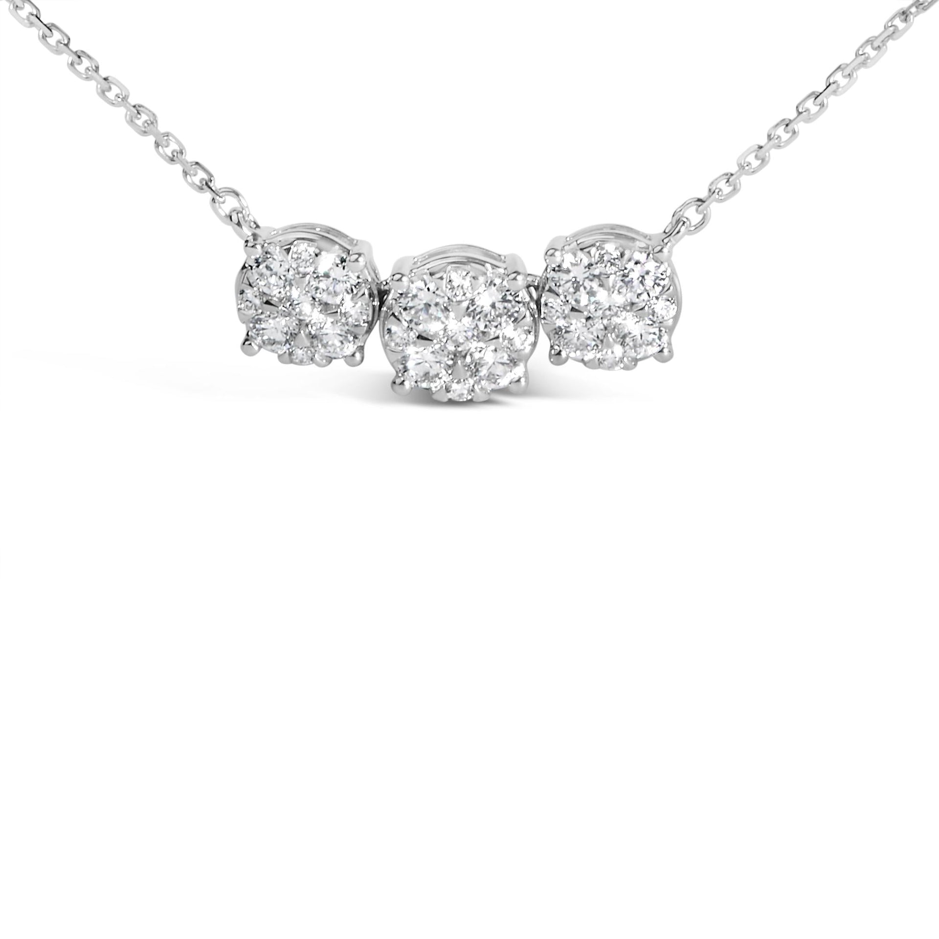 14K White Gold 1.0 Cttw Diamond 3 Station Cluster Necklace (G-H Color, VS2-SI1 Clarity) - 18' Inches