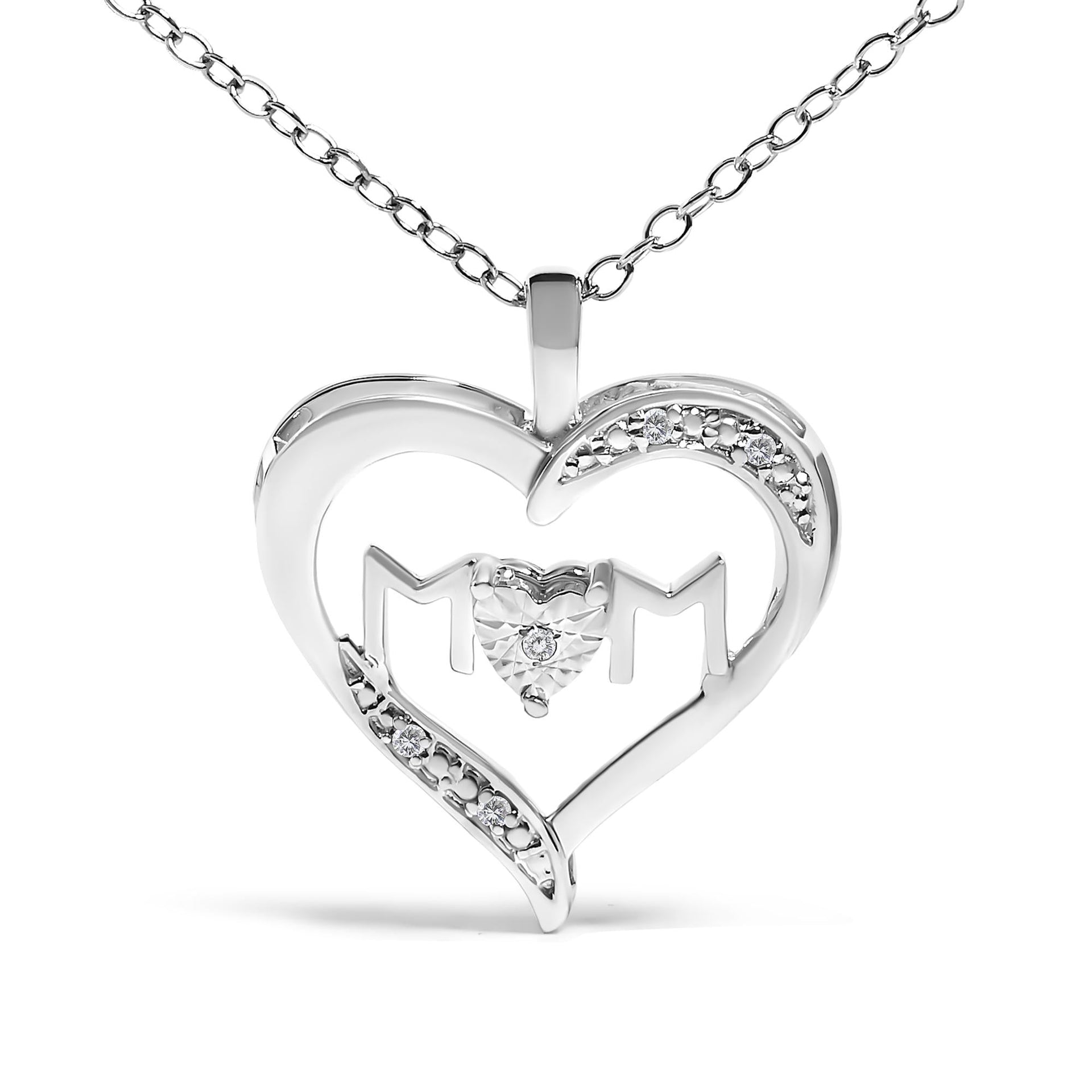 .925 Sterling Silver Diamond Accent MOM with Heart Pendant Necklace (J-K Color, I2-I3 Clarity) - 18' Inches