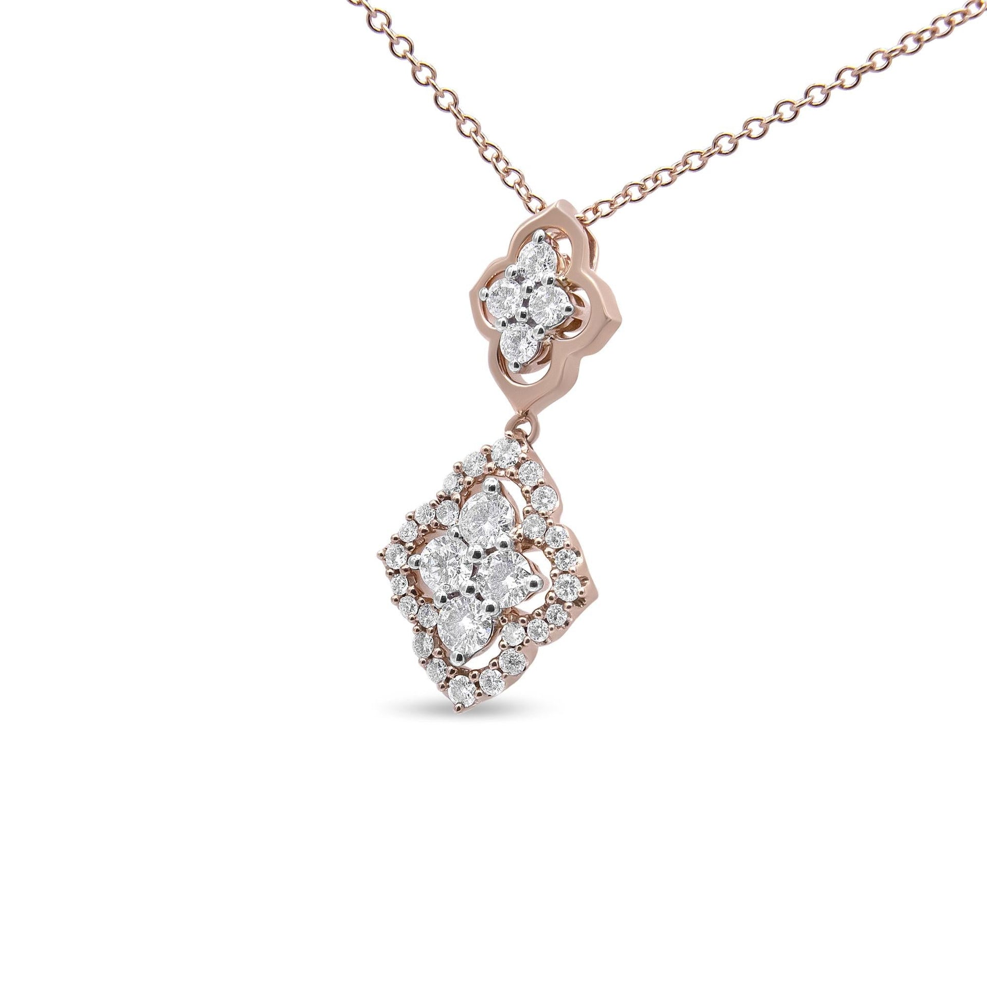 14K Rose Gold 3/4 Cttw Round Diamond Double Quatrefoil Pendant 18' Necklace (H-I Color, I1-I2 Clarity)
