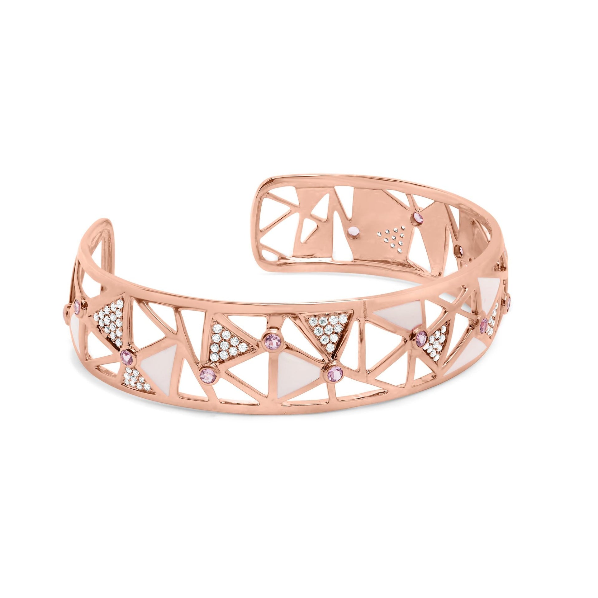 14K Rose Gold 5/8 Cttw Diamond with Pink Tourmaline Open Cuff Bangle with White Enamel (G-H Color, SI1-SI2 Clarity) - 7'