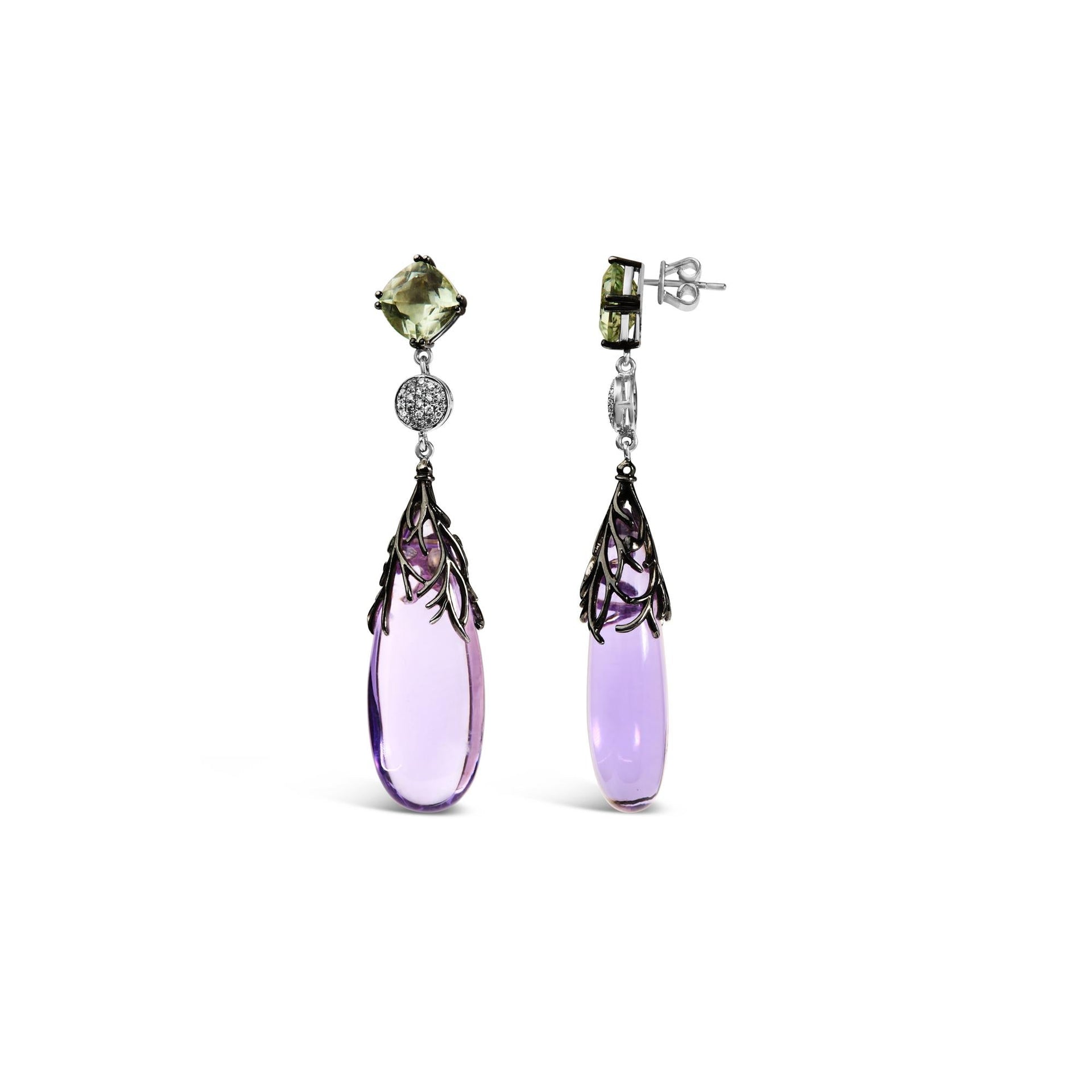 14K White Gold 1/4 Cttw Diamond and 30mm Cabochon-Cut Purple Amethyst and Green Quartz Drop Earrings with Black Oxidized Accents (F-G Color, VS1-VS2 Clarity)