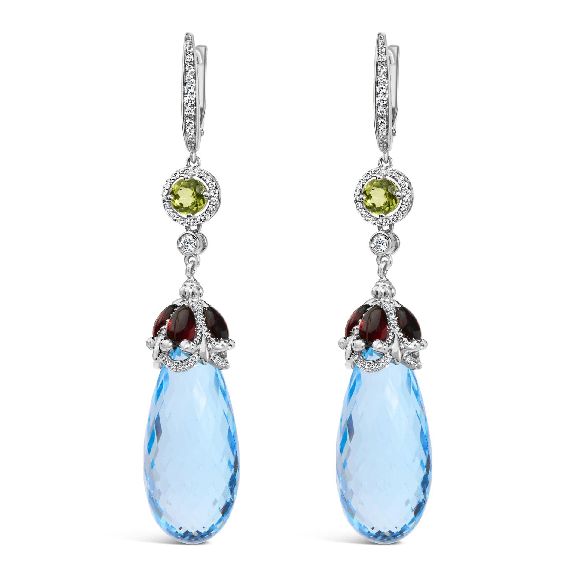 18K White Gold 1/2 Cttw Diamond and 22mm Blue Topaz and Garnet Drop and Dangle Earrings (F-G Color, VS1-VS2 Clarity)