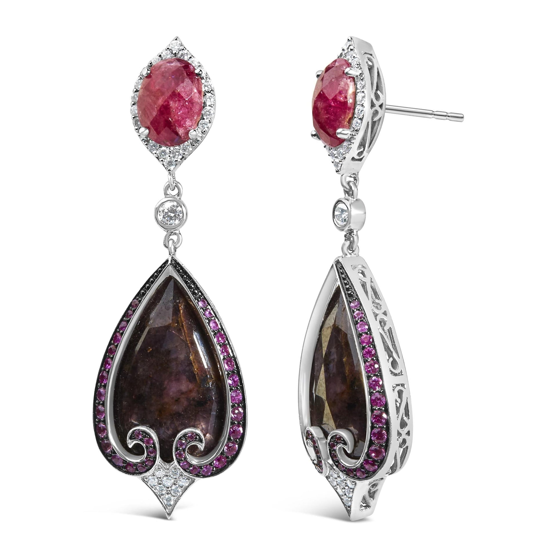 14K White Gold 3/5 Cttw Diamond, Grey-Orange Sapphire, and Pink Spinel Vintage-Inspired Drop Earrings (F-G Color, VS1-VS2 Clarity)