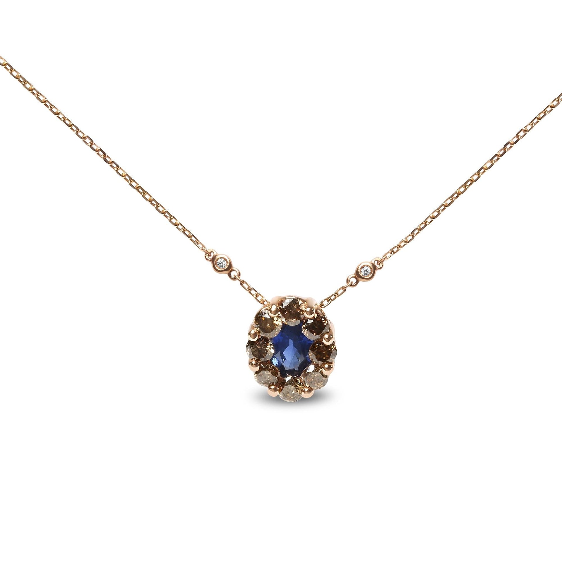 18K Rose Gold 5/8 Cttw White and Brown Diamond Accent and 7 x 4mm Oval Blue Sapphire Gemstone Statement Halo Cluster Pendant Necklace (Brown and G-H Color, SI1-SI2 Clarity) - Adjustable up to 16' - 18'