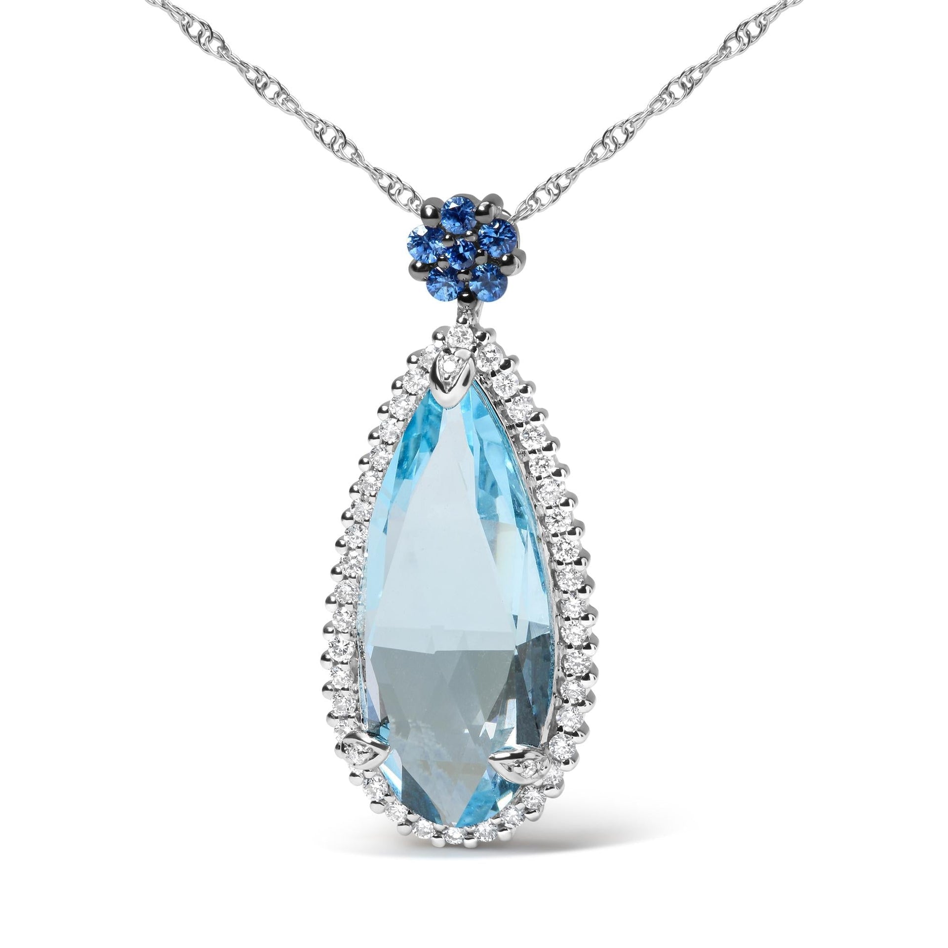 18K White Gold 3/8 Cttw Pave Set Diamond and Sky Blue Topaz and Blue Sapphire Gemstone Floral Teardrop Halo 18' Pendant Necklace (G-H Color, SI2-I1 Clarity)