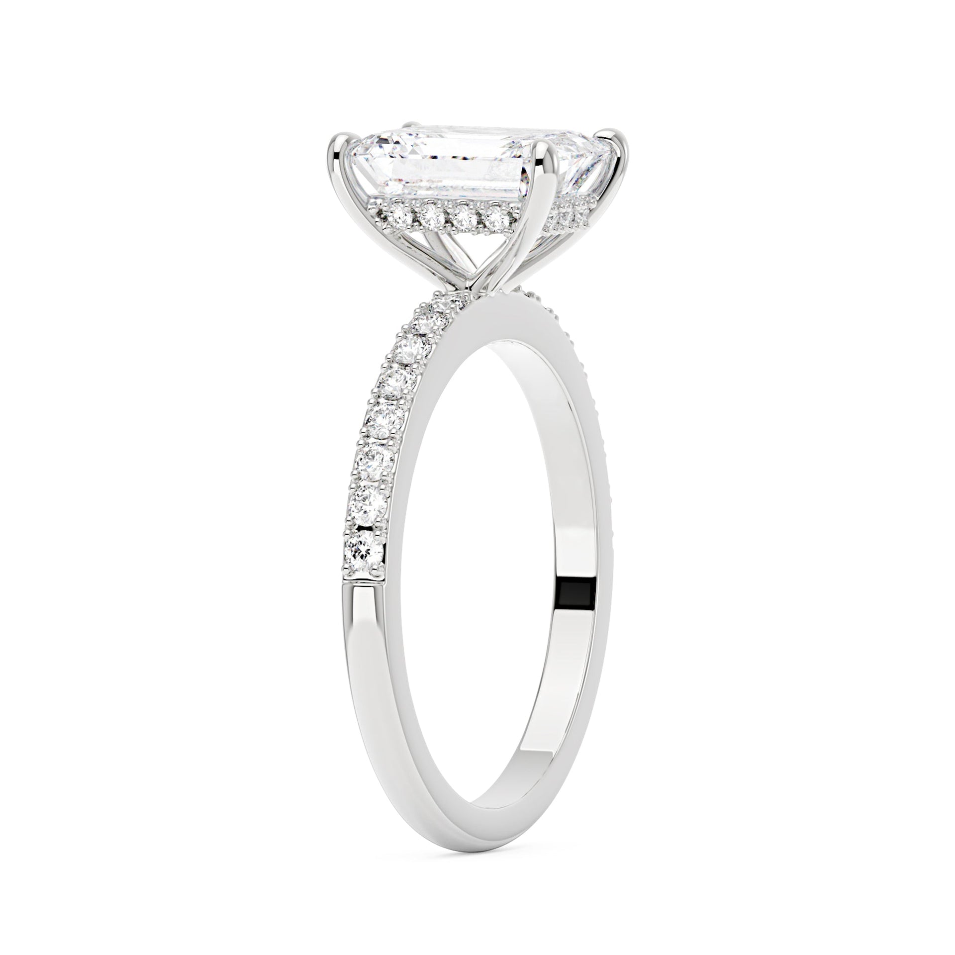 2 Carat Emerald Hidden Halo Moissanite Ring with Pavé Band