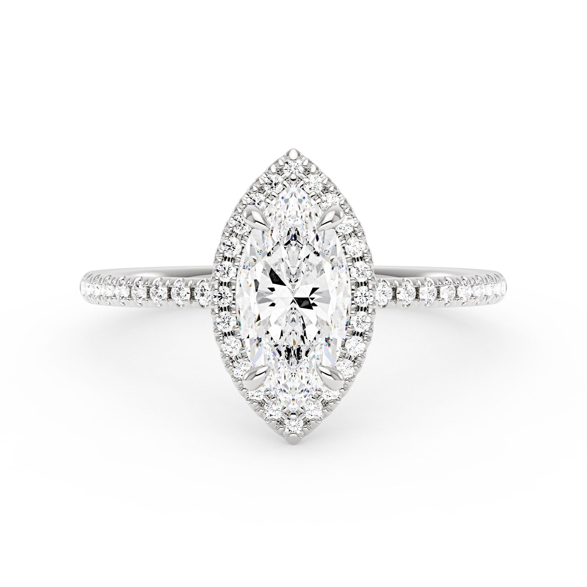 2 Carat Marquise Halo Moissanite Engagement Ring with Pave Band