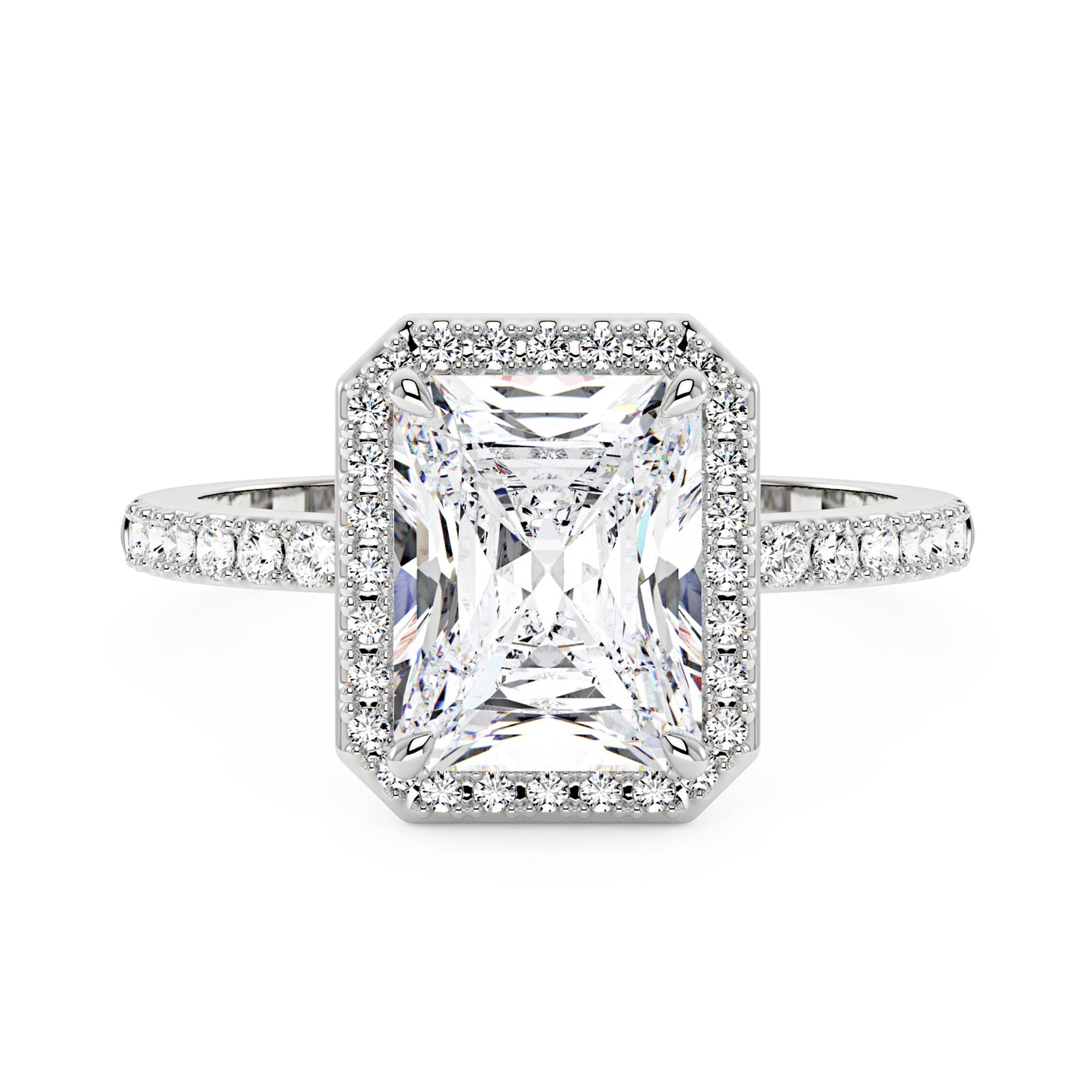 2 Carat Radiant Moissanite Halo Ring with Pavé Band