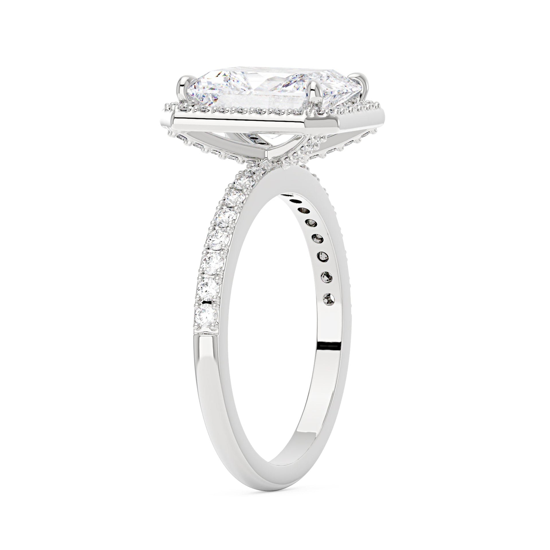 2 Carat Radiant Moissanite Halo Ring with Pavé Band