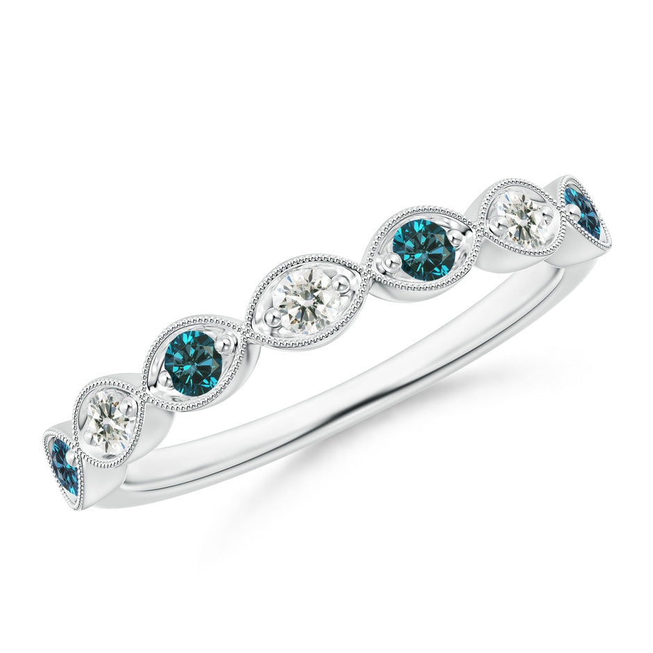 Pave Set Round Blue Diamond Milgrain Wedding Ring