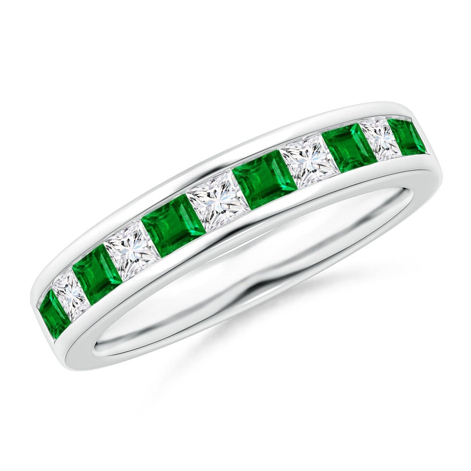 Channel Square Emerald and Diamond Half Eternity Ring