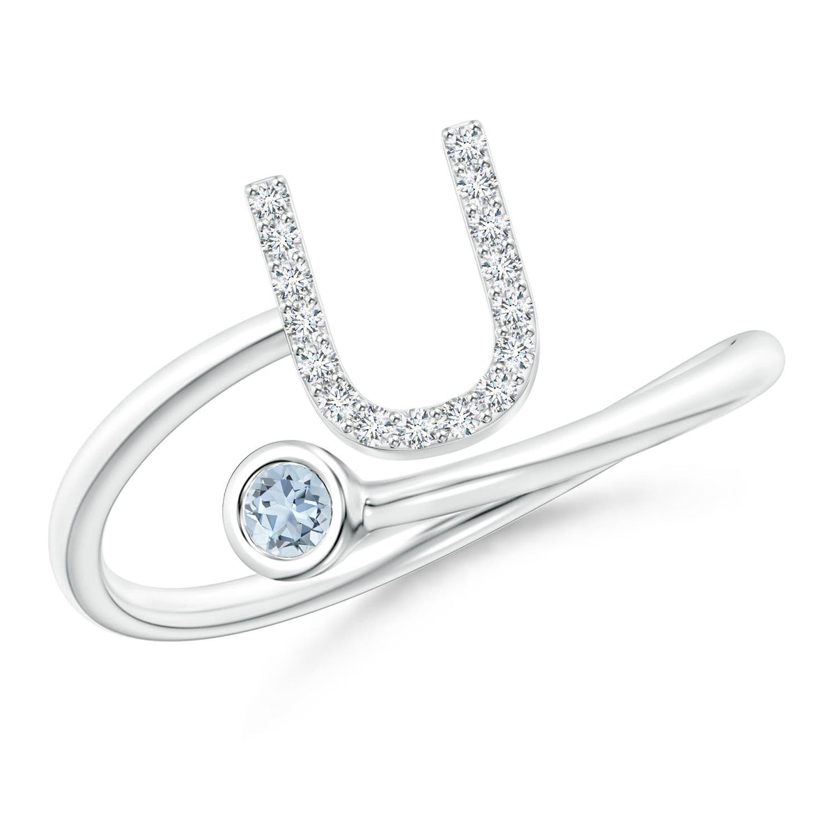 2.5 MM Capital "Z" Diamond Initial Ring with Bezel-Set Aquamarine in 18K White Gold