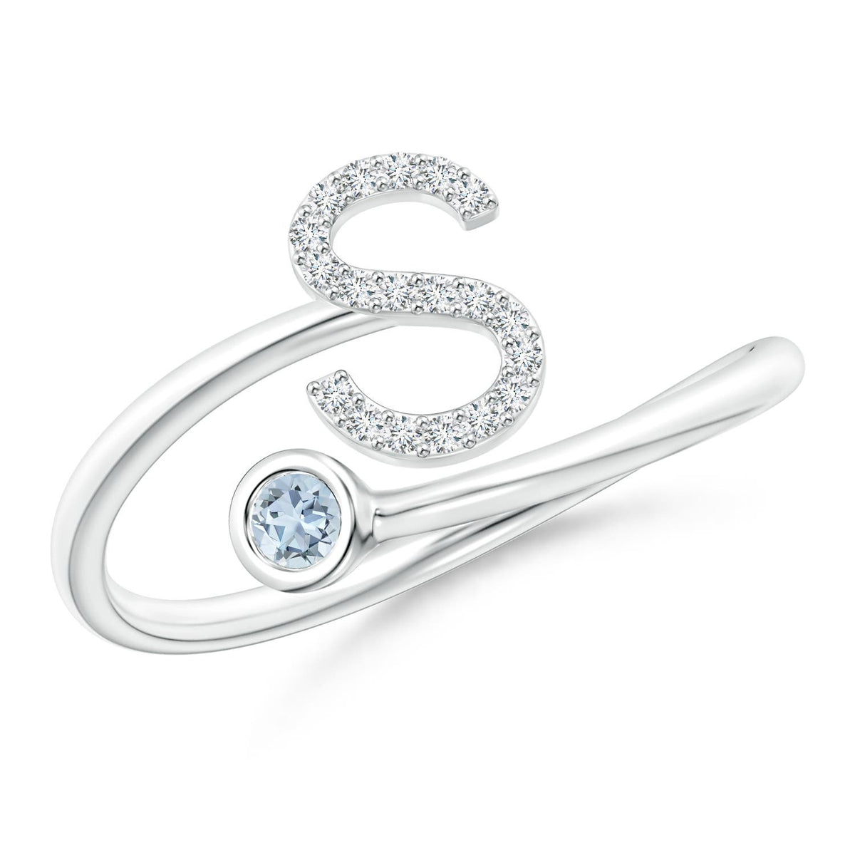 2.5 MM Capital "Z" Diamond Initial Ring with Bezel-Set Aquamarine in 18K White Gold