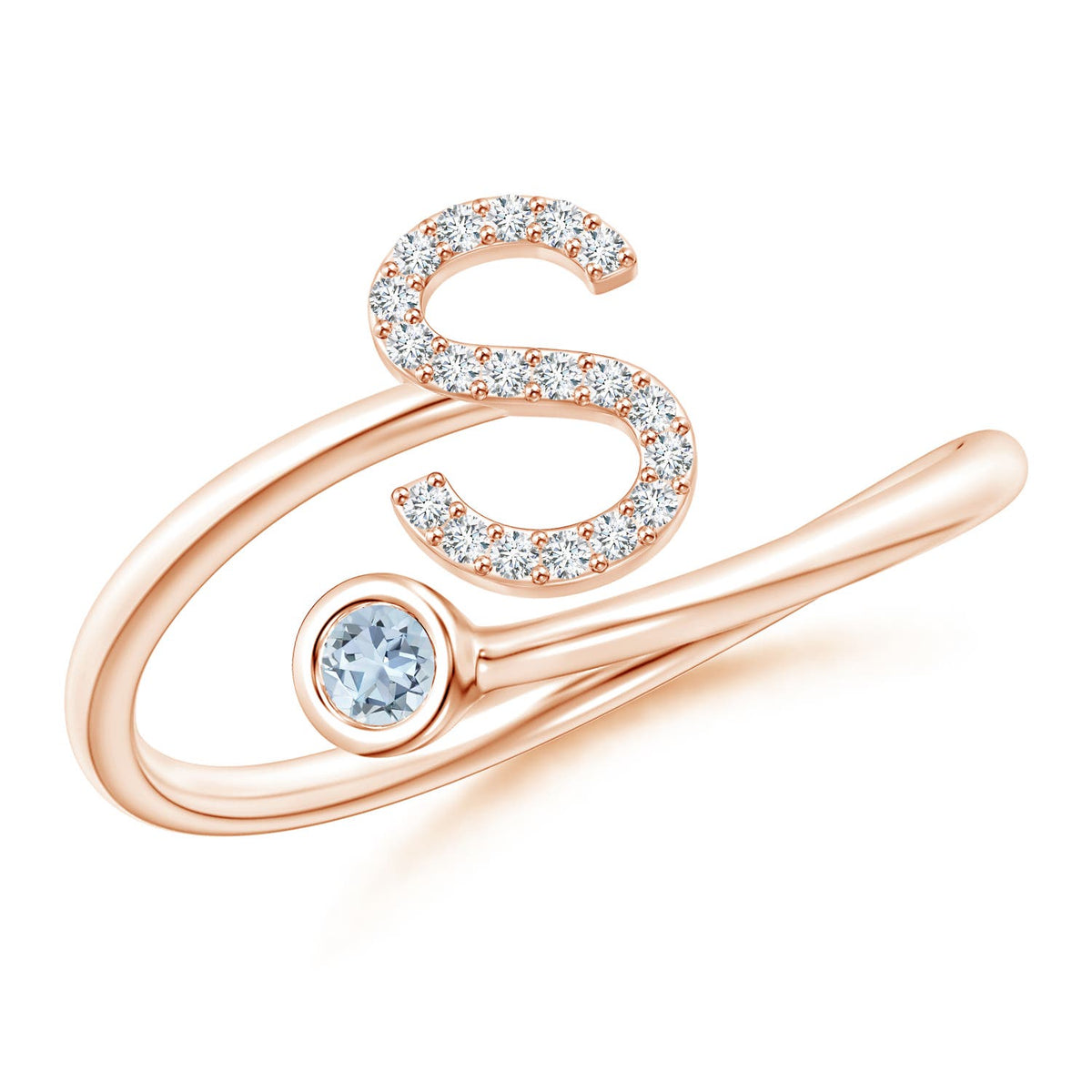 2.5 MM Capital "Z" Diamond Initial Ring with Bezel-Set Aquamarine in 14K Rose Gold