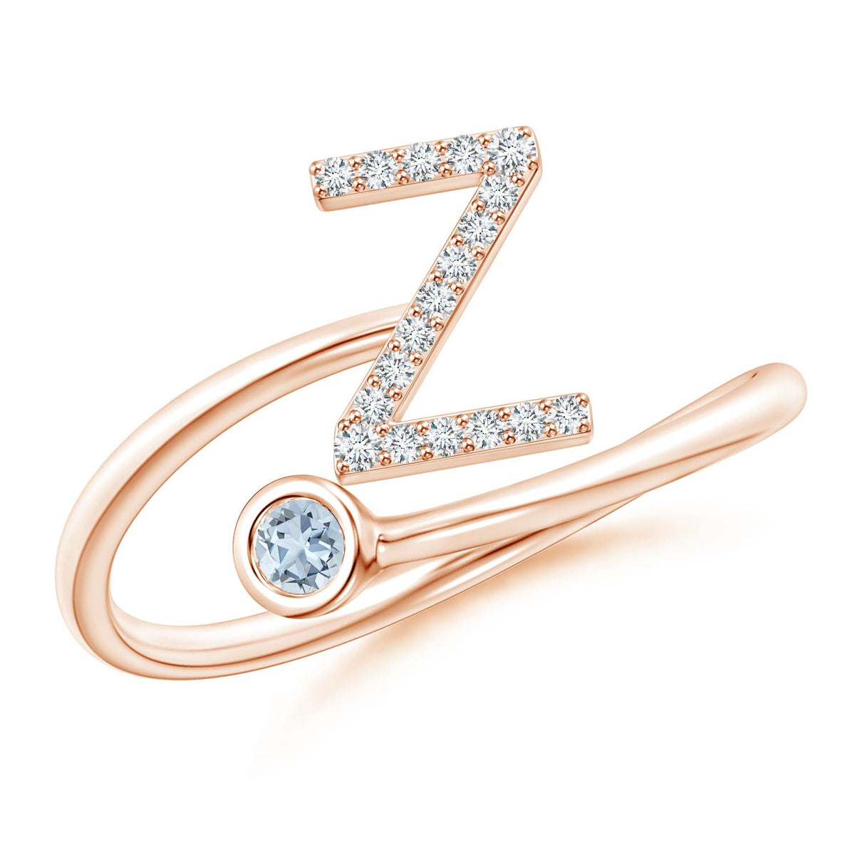 2.5 MM Capital "Z" Diamond Initial Ring with Bezel-Set Aquamarine in 14K Rose Gold