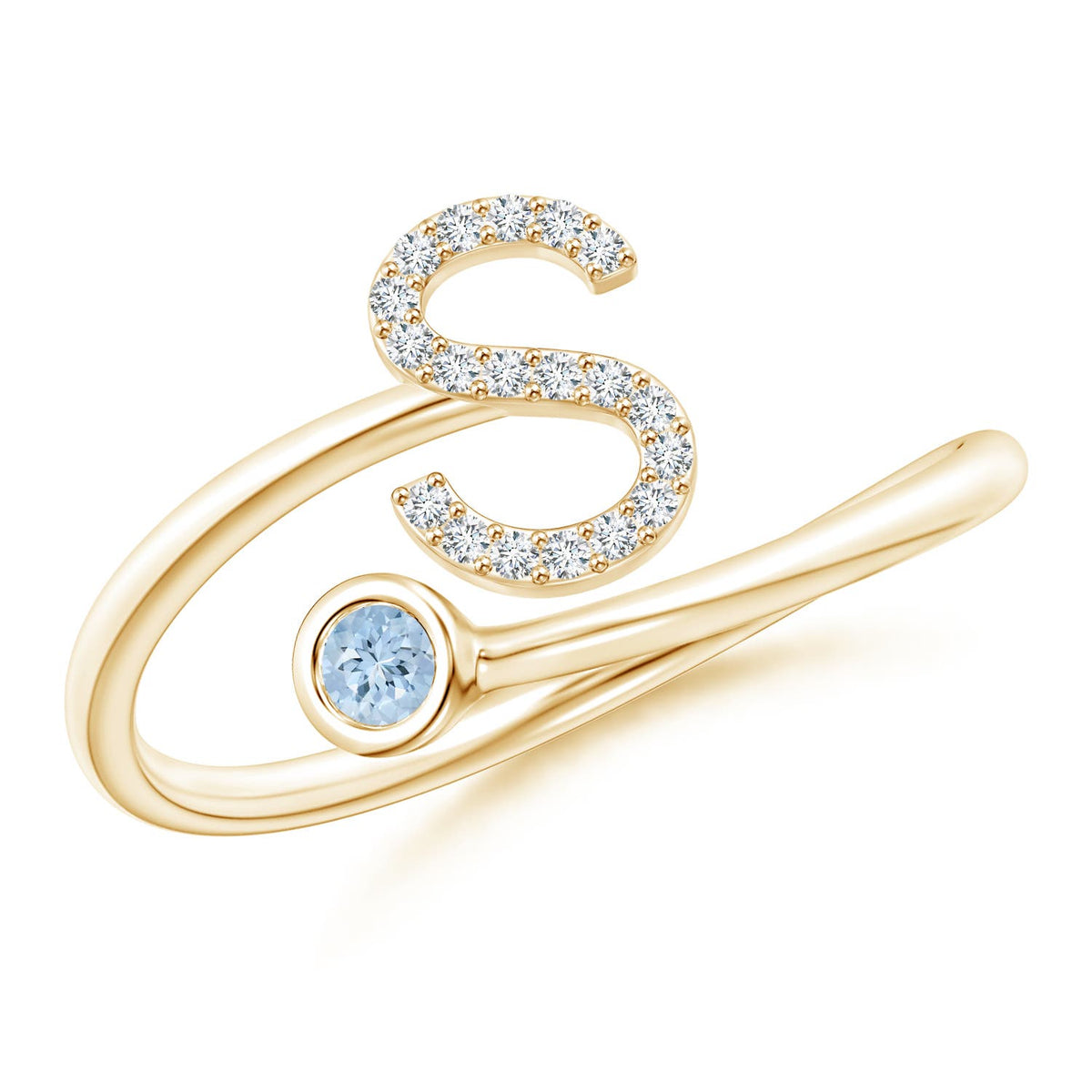 2.5 MM Capital "T" Diamond Initial Ring with Bezel-Set Aquamarine in 18K Yellow Gold