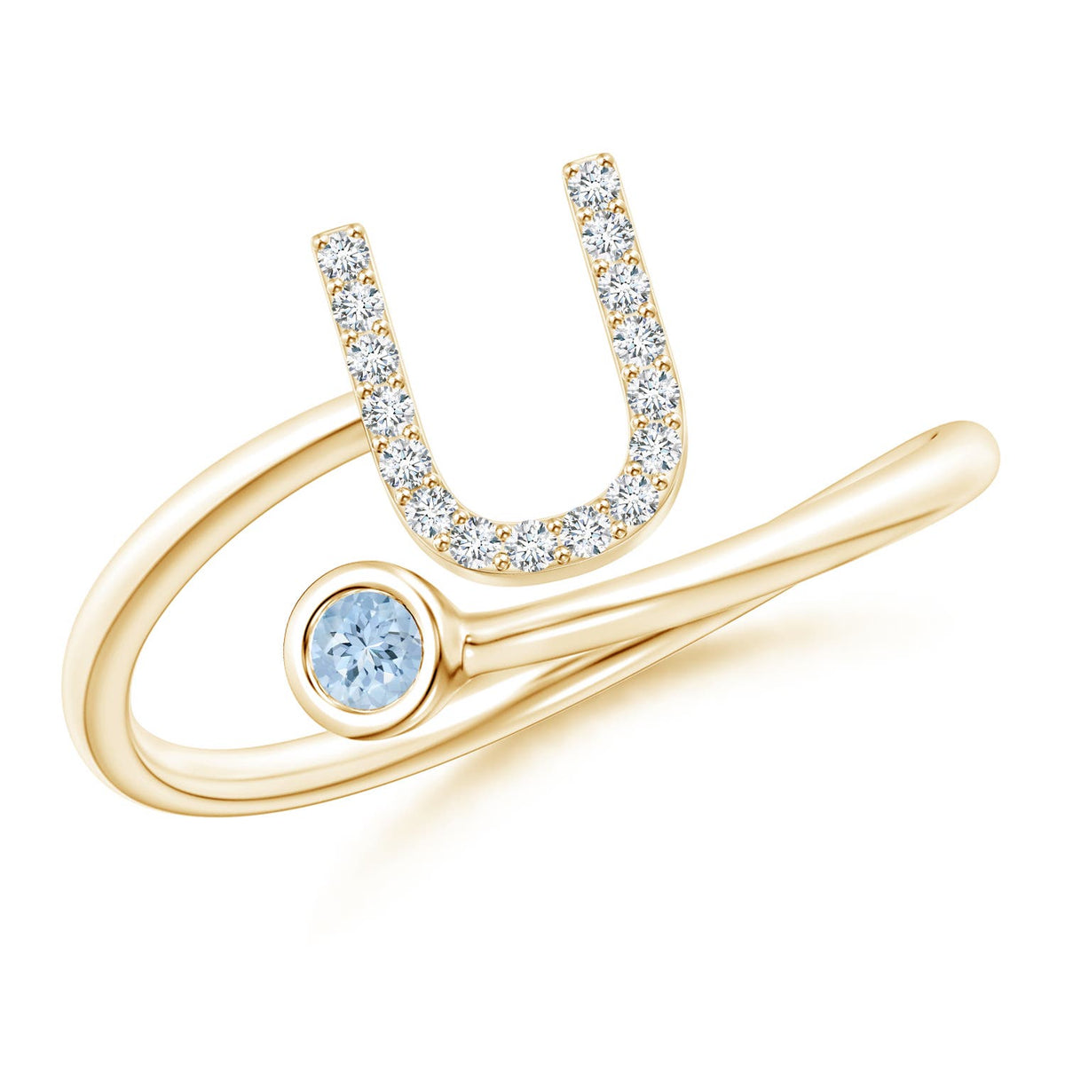 2.5 MM Capital "T" Diamond Initial Ring with Bezel-Set Aquamarine in 18K Yellow Gold