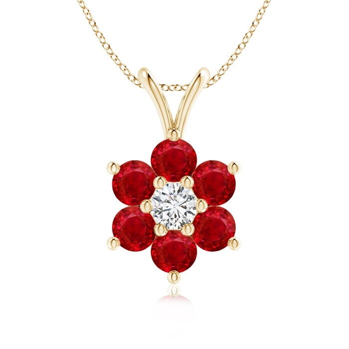 Classic Six Petal Ruby Flower Pendant with Diamond